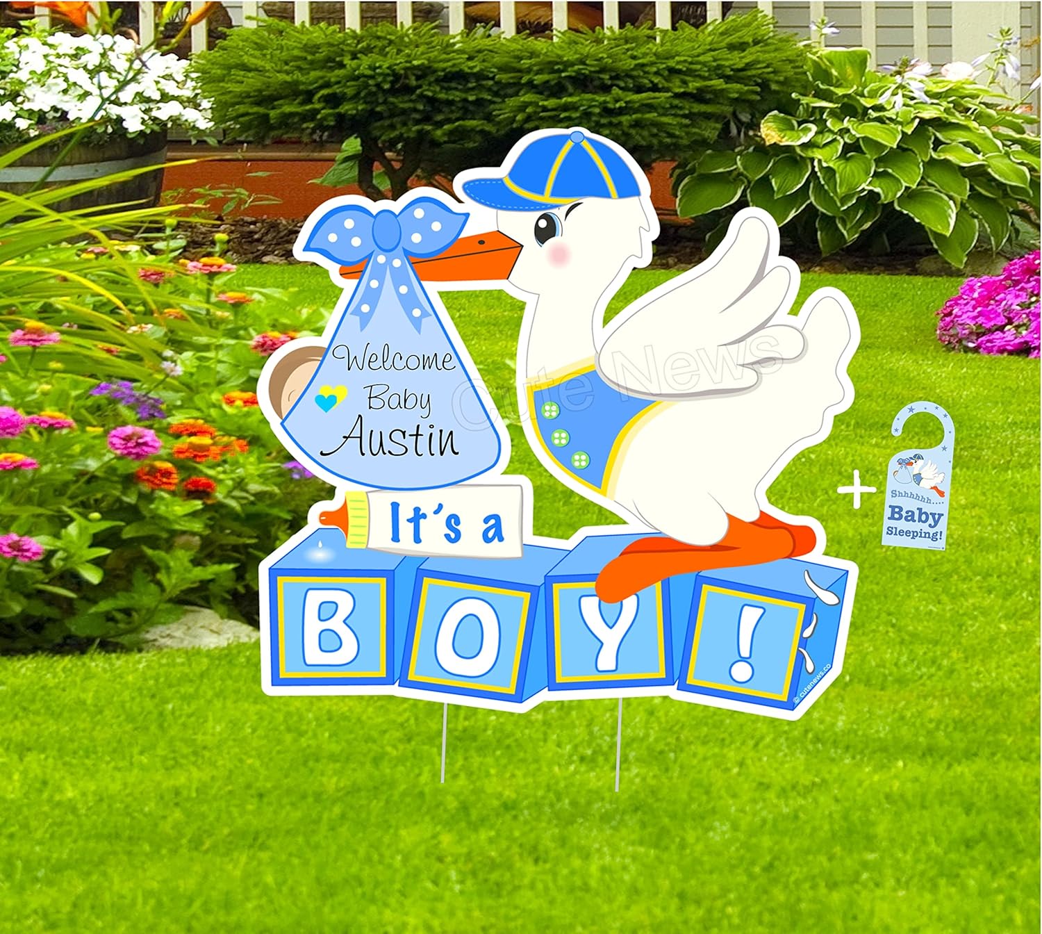 Baby Announcement Sign, It's a Boy Stork Yard Sign, Personalized Newborn Decor, Blue, 24 inches x 24 inches