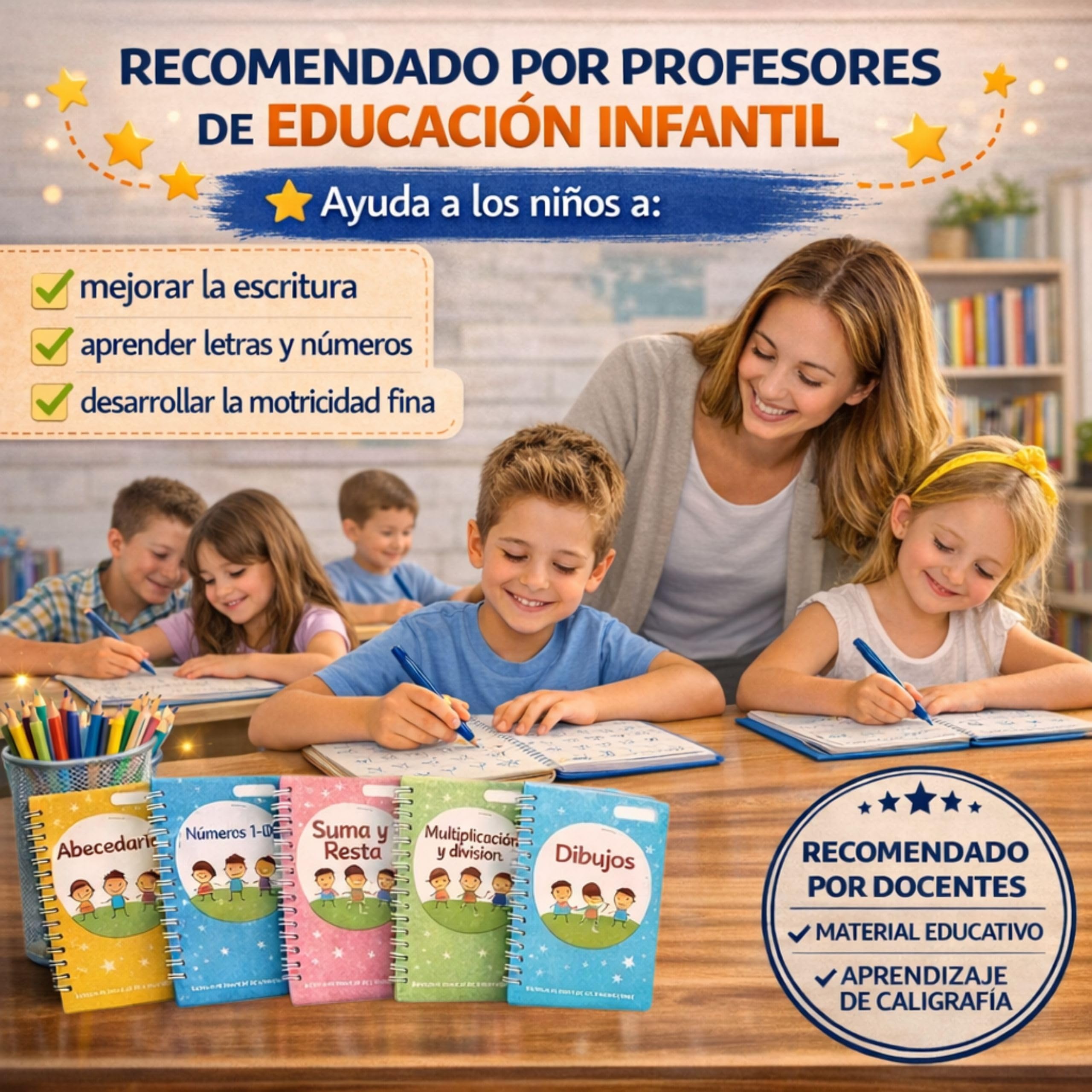 Caligrafia Niños de 4 hasta 8 Años - Cuaderno Caligrafia Infantil Aprender a Escribir y Dibujar - 5 Libros Magicos de Escritura Trazado de Lineas -Incluye Boligrafos Magicos, 20 Recambios y un Estuche