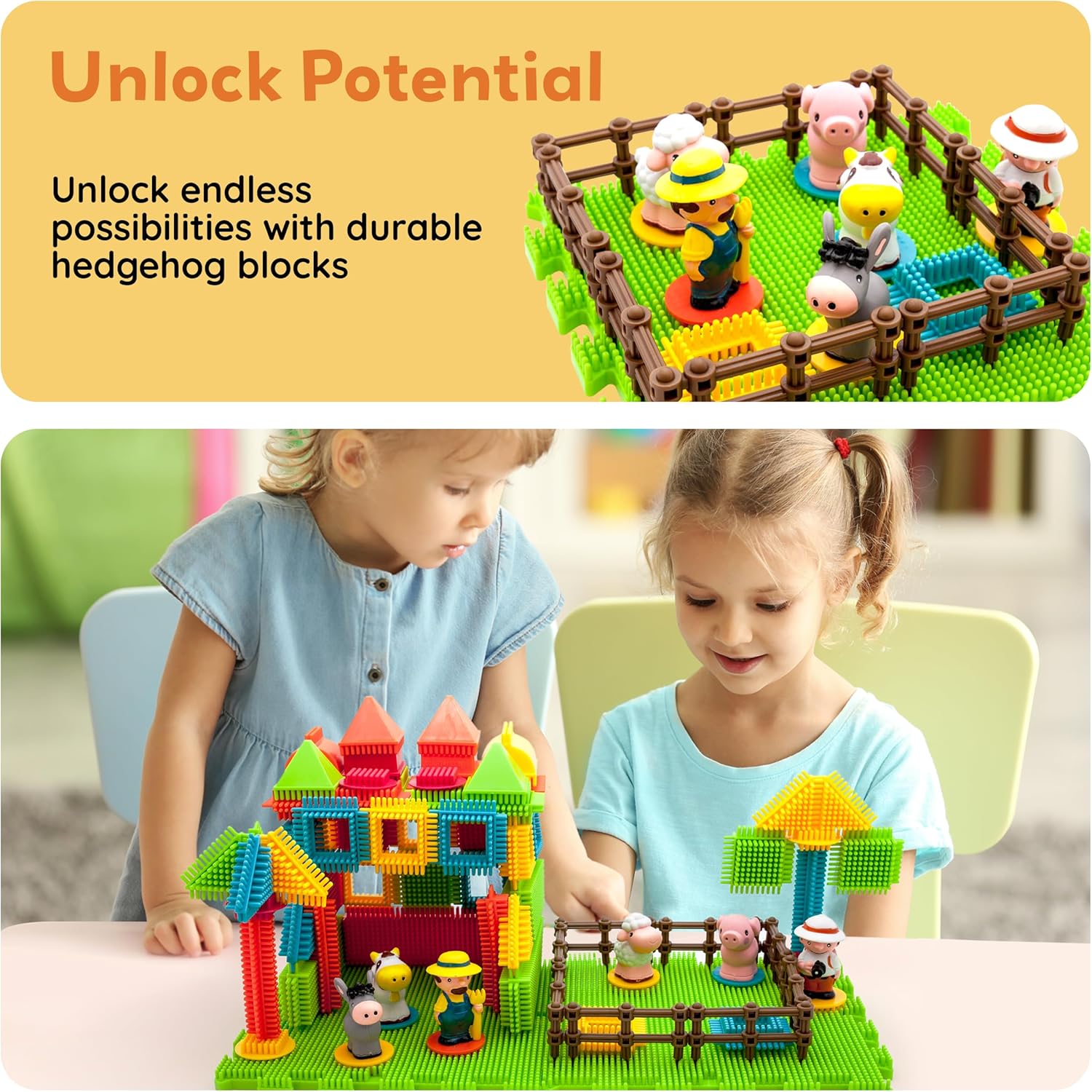 PicassoTiles PTB100 100pcs Hedgehog Shape 3D Building Blocks Tiles Farm Theme Set Learning Playset STEM Toy Set Educational Kit Child Branin Development Preschool Kindergarten Toy