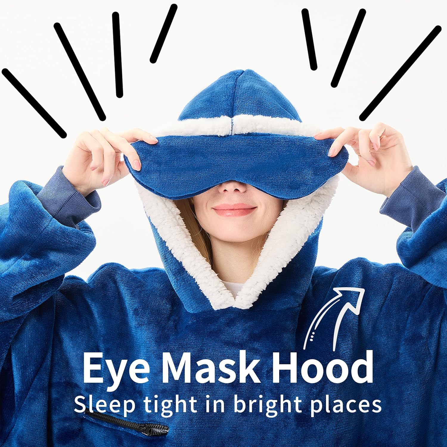 IFNOW Wearable Blanket Hoodie, Oversized Sherpa Fleece Hooded Sweatshirt with Eye Mask, Cozy and Giant Blanket Hoodie with Sleeves Extra Long for Adults Men Women, Navyblue - Image 2
