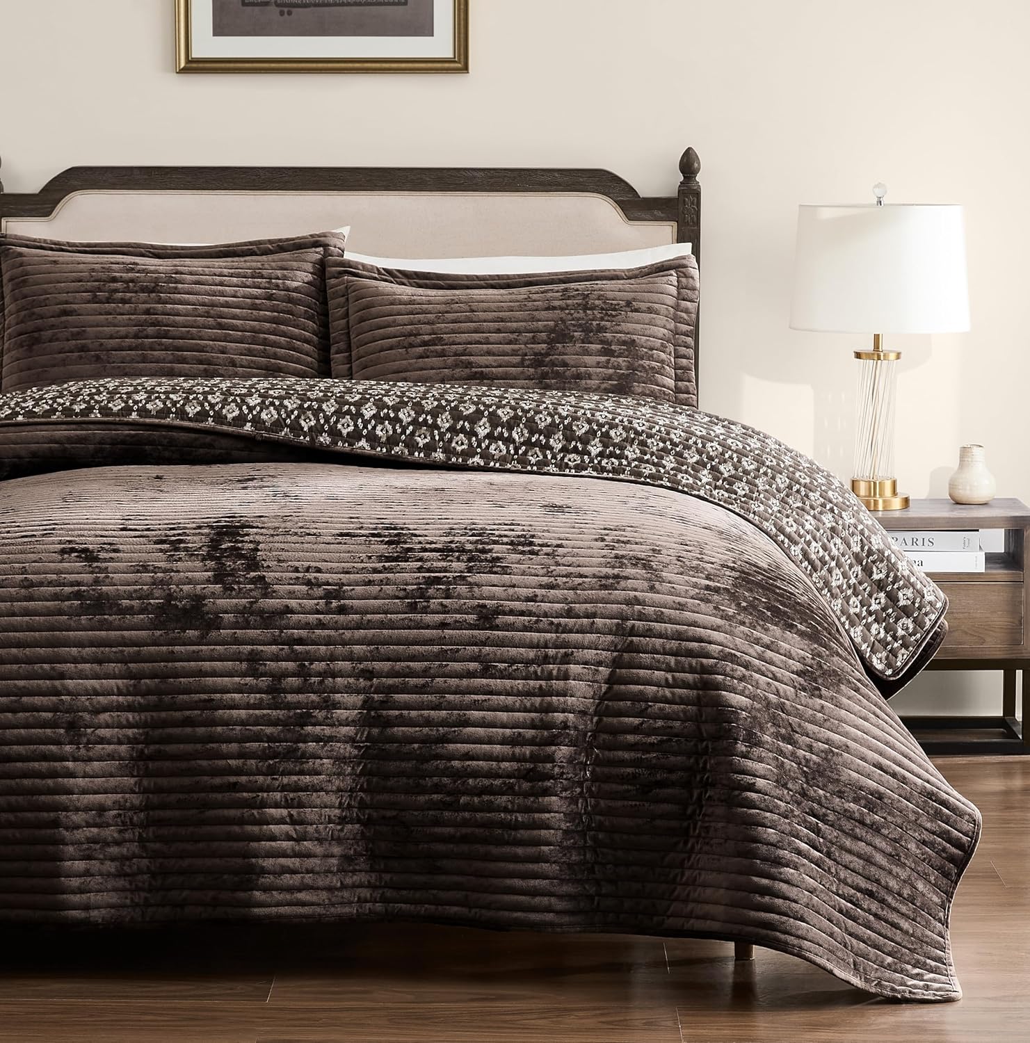 WDCOZY Velvet Queen Size Quilt Set - Chocolate Striped Soft Lightweight Bedspread, Dark Brown Neutral Channel Farmhouse Country Rustic Coverlet, Coffee Modern Bedding Warm Thin Comforter, 3 Pieces
