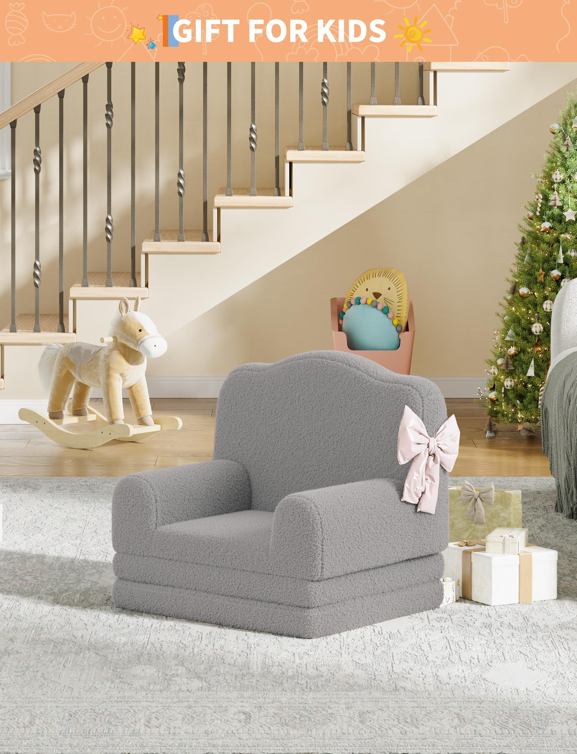 Divano Lettino Bambini 2 in 1 Pieghevole Poltrona Corona Grigio | Divano 2 in 1 pieghevole in morbido tessuto con design a corona. Fodera lavabile, perfetto per gioco e relax