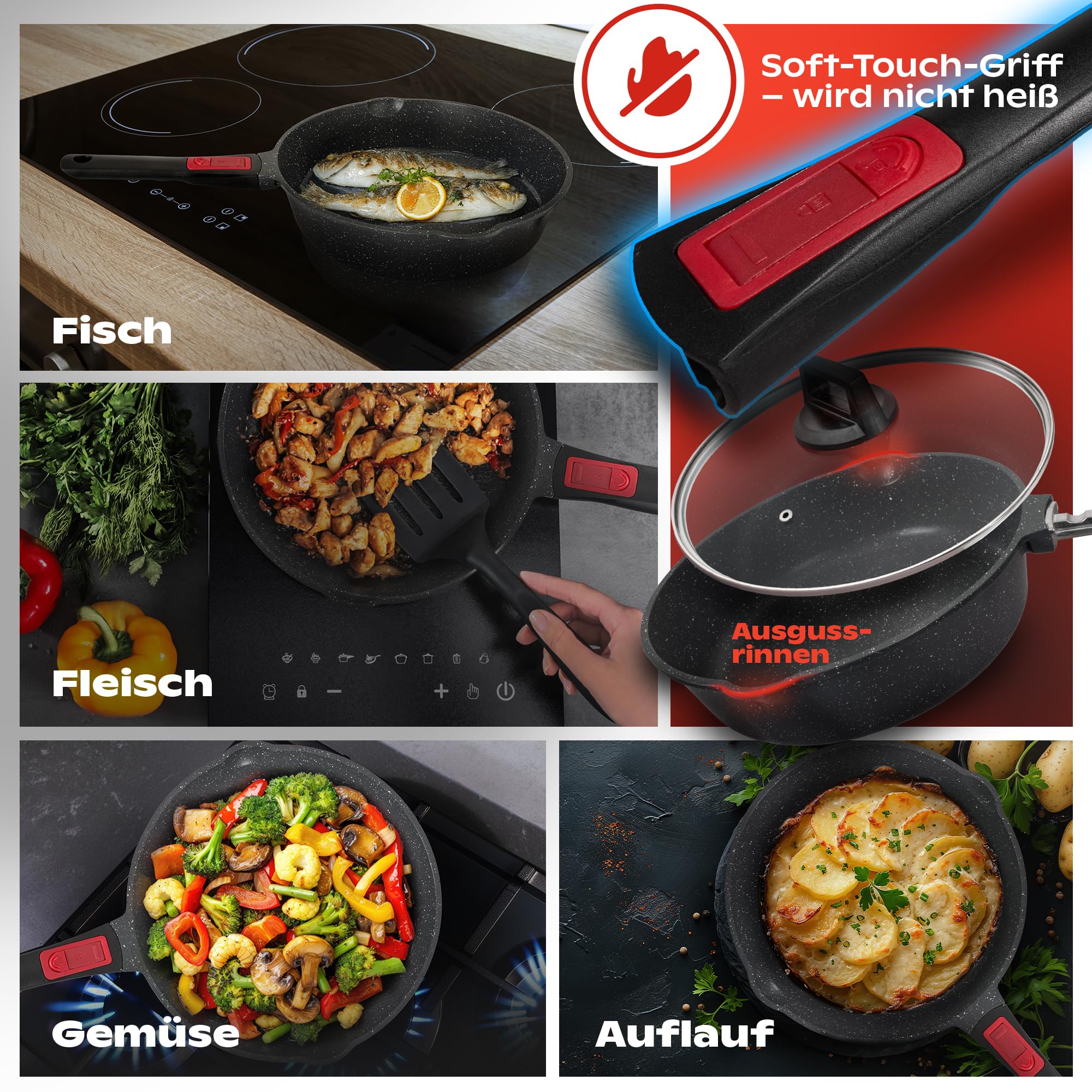 Bratpfanne 28 cm mit Deckel – Beschichtet, abnehmbarer Griff, spülmaschinenfeste,ofenfeste pfanne,pfannen induktion, pfanne 28 cm hoher rand, PFOA frei, Pan 28cm