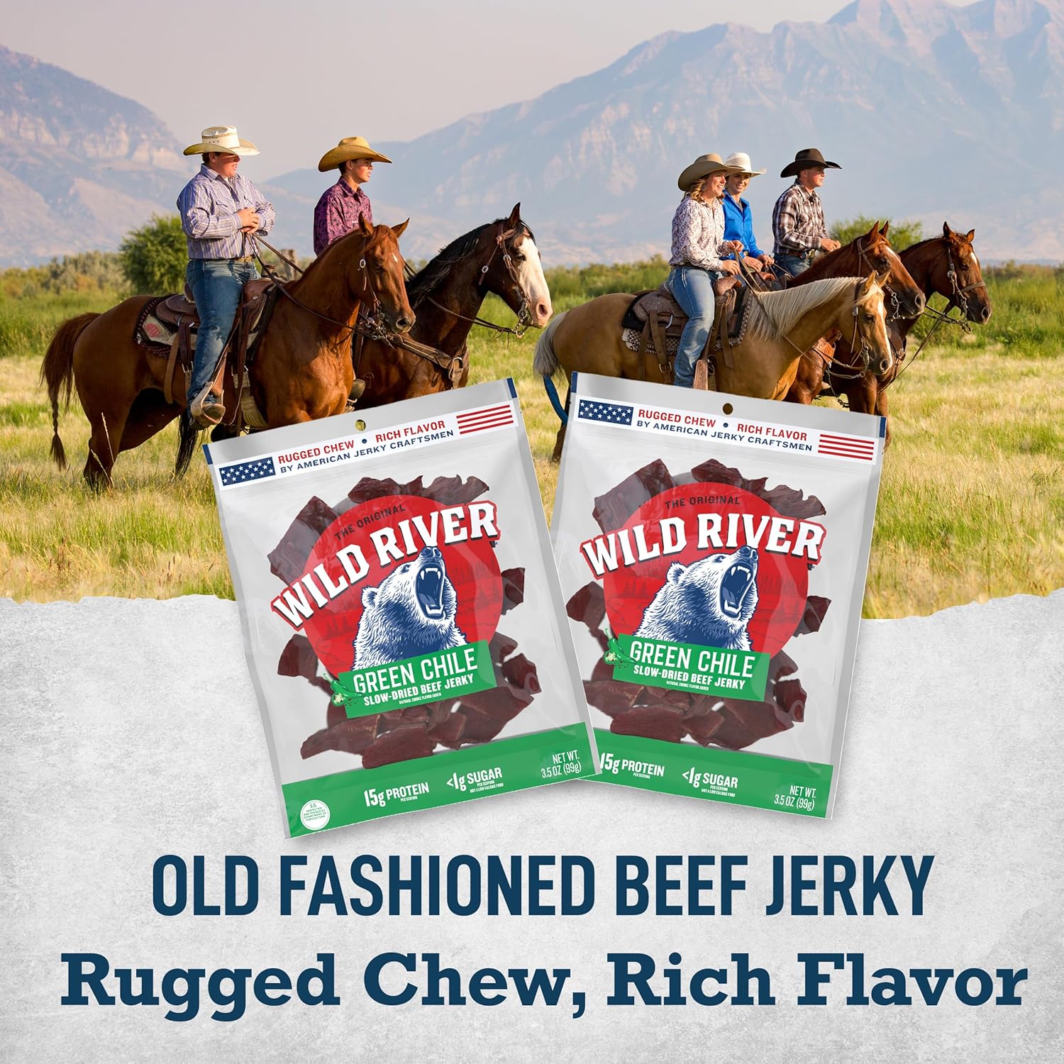 Wild River Green Chile Beef Jerky, Old Fashioned 100% Beef Jerky, Gluten Free, Deliciously Seasoned Protein Snacks, Savory Meat Snack for Lunches, Ready to Eat, 15g of Protein, 3.5 Ounce (Pack of 4)