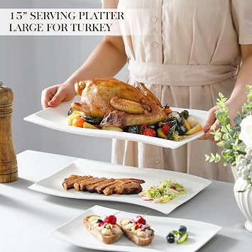 MALACASA Large Serving Platter Set, 15/13/11 Serving Dishes Set of 3, Porcelain Platters for Entertaining, Rectangular Serving Trays for Party,Mircowave, Oven, Dishwasher Safe, White
