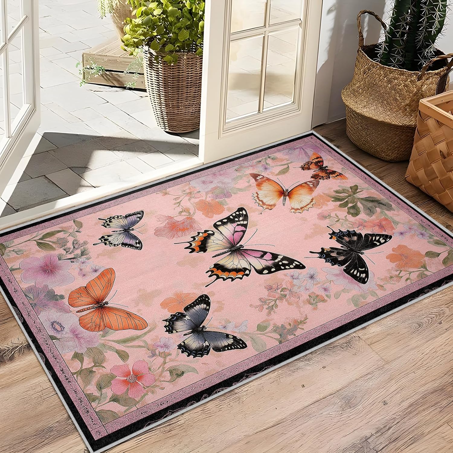 Butterfly Rugs for Girls Bedroom - 2x3 Rug, Vintage Floral Area Rug, Insect Pink Floral Washable Non Slip Soft Rugs, Coquette Wildflower Carpet, Boho Bug Home Decor, Butterfly Gifts for Women
