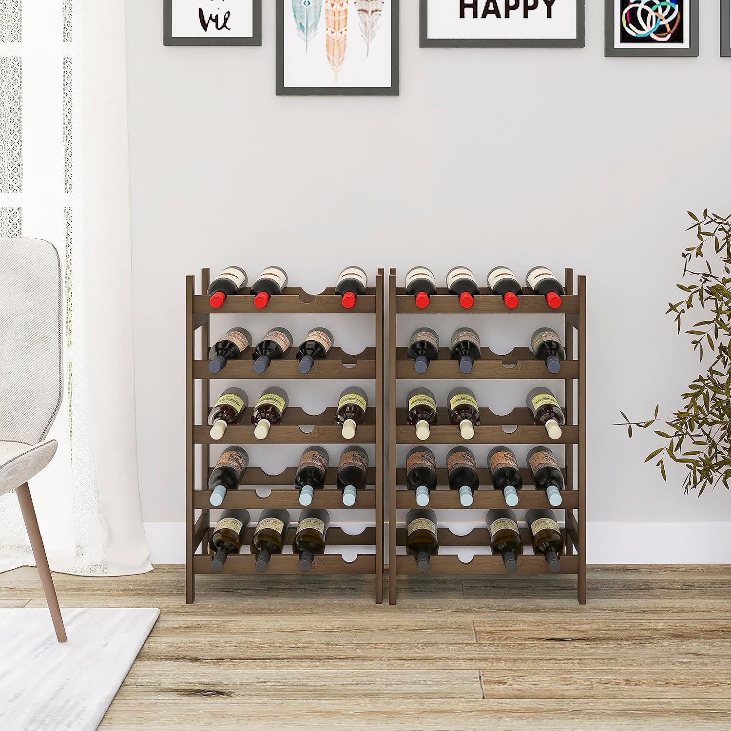 SMIBUY Bamboo Wine Rack, 20 Bottles Display Holder, 5-Tier Free Standing Storage Shelves for Kitchen, Pantry, Cellar, Bar (Walnut)