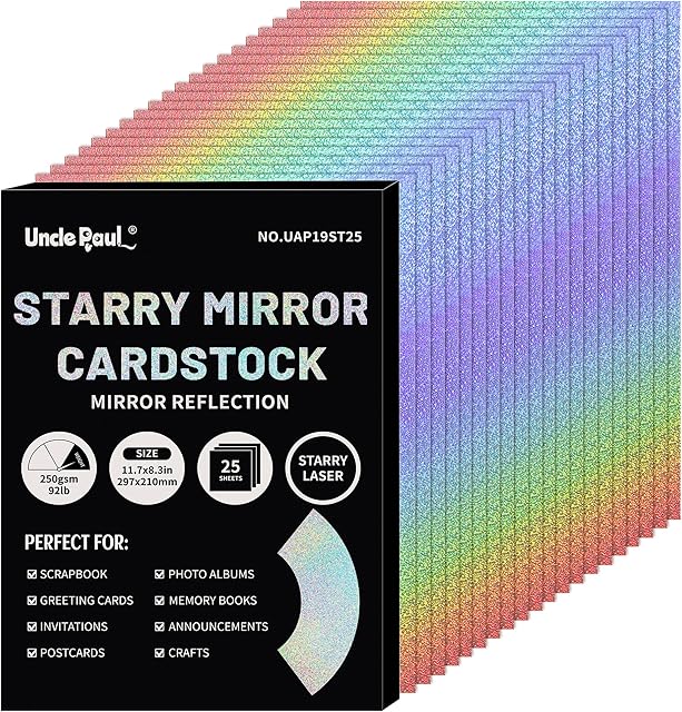 Papier kartonowy z lustrem gwiazdkowym A4, 25 arkuszy błyszczącego papieru odblaskowego 250 g/m² do prac ręcznych, kolorowy laserowy papier kartonowy do dekoracji ślubnych UAP19ST25