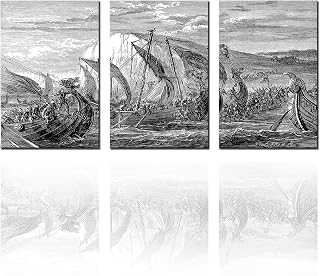 Art Work for Walls Neatly Lined Up Warships Pictures A Lot of Soldiers Paintings Canvas Vikings Confrontation Art Modern Artwork Home Decor for Living Room Wooden Framed Stretched Ready to Hang