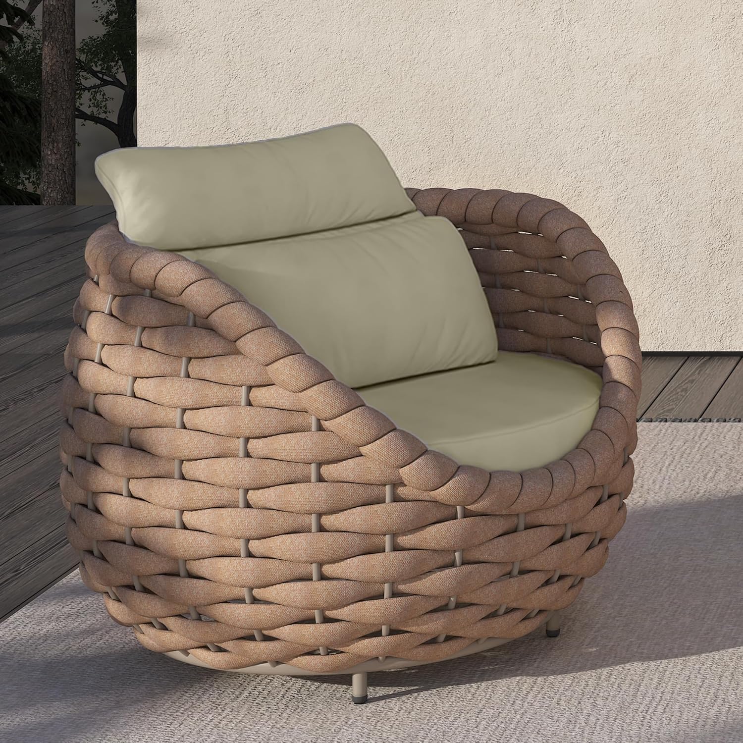 TWT Decorative Garden Stool Patio Sofa All-Weather Textilene Rope Balcony Furniture with Cushions & Pillows for Garden Patio Lawn Home Indoor Outdoor (Light Brown, 1 pcs)