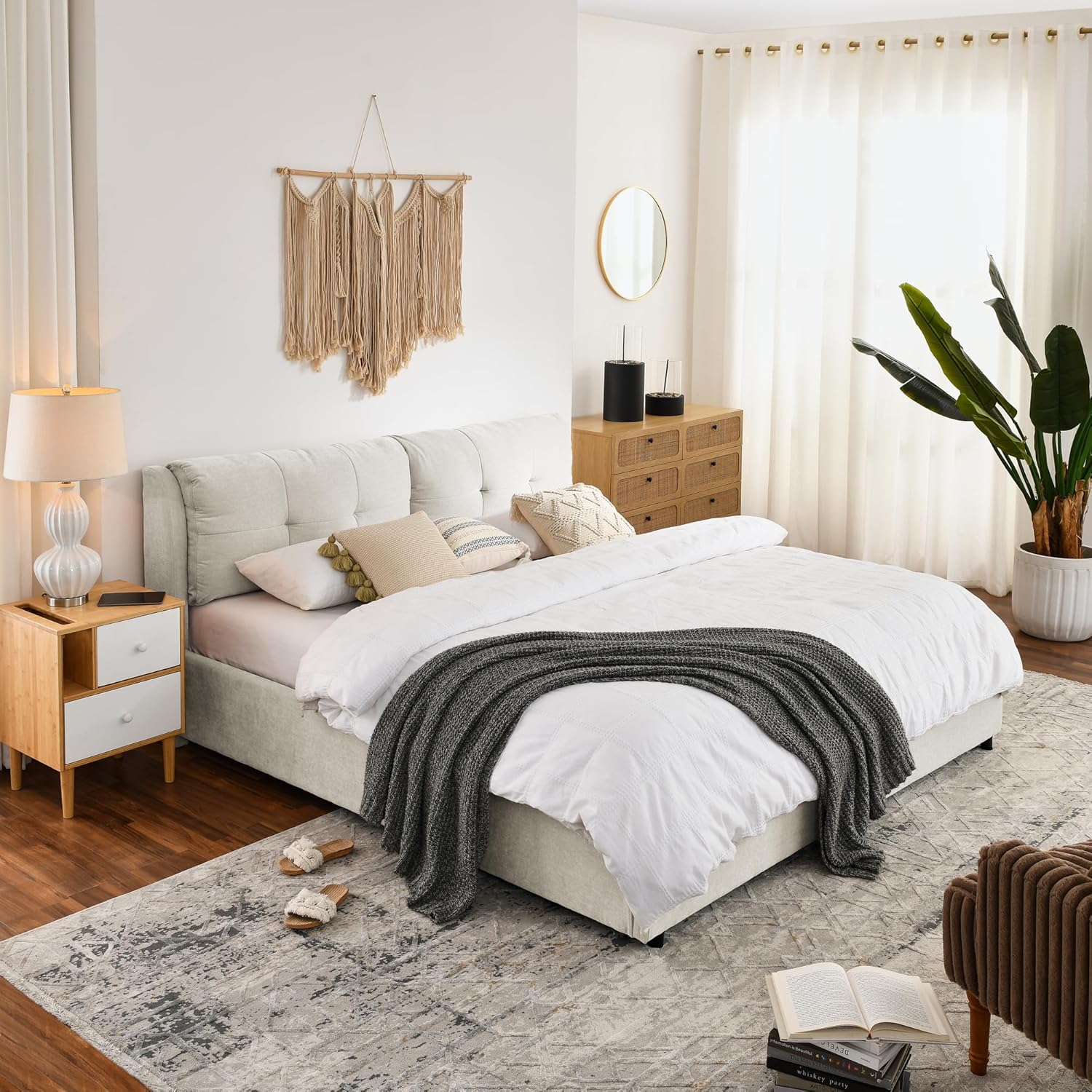 KEIKI King Size Lift Up Storage Platform Bed Frame with Integrated Headboard, Upholstery Chenille Hydraulic Storage Bed with Slats, Easy Assembly, No Box Spring Required, for Bedroom, Beige