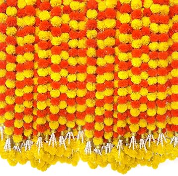 5 PCS Marigold Garland for Decoration 5 feet Long Artificial Marigold Flowers with Bell Indian Pooja Diwali Decor for Home Red Yellow