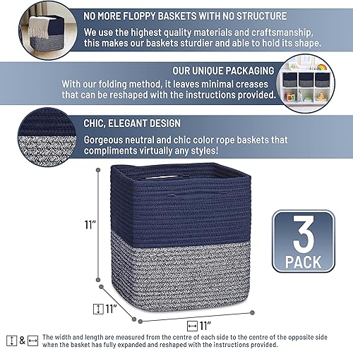 Miniatura 2 de NaturalCozy Cubos de almacenamiento de 11 pulgadas de cuerda de algodón tejida para organizar, paquete de 3, cubos de almacenamiento, cestas de