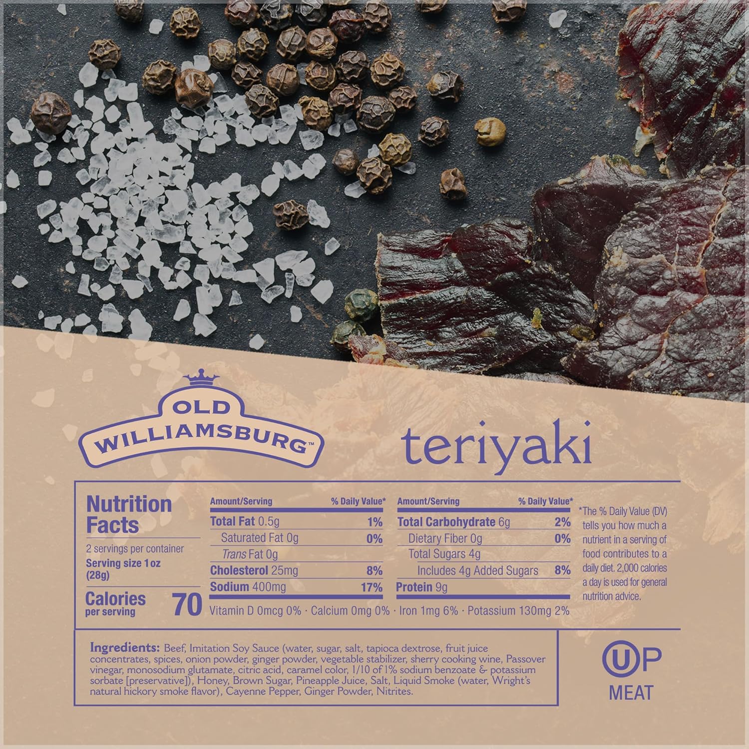 Old Williamsburg Kosher Beef Jerky, Teryaki 2oz (3 Pack) | Real American Beef Brisket | No Fillers | Hand Crafted | Gluten Free & Soy Free | Glatt Kosher (including Passover)