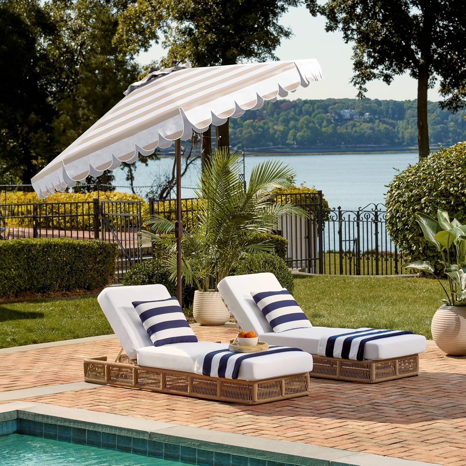 SAFAVIEH 9ft Outdoor Patio Umbrella, Round, Maui Collection, Beige & White Stripe, Crank, Button Tilt, UV Resistant for Deck, Backyard, Patio (PAT8011A) - Image 8