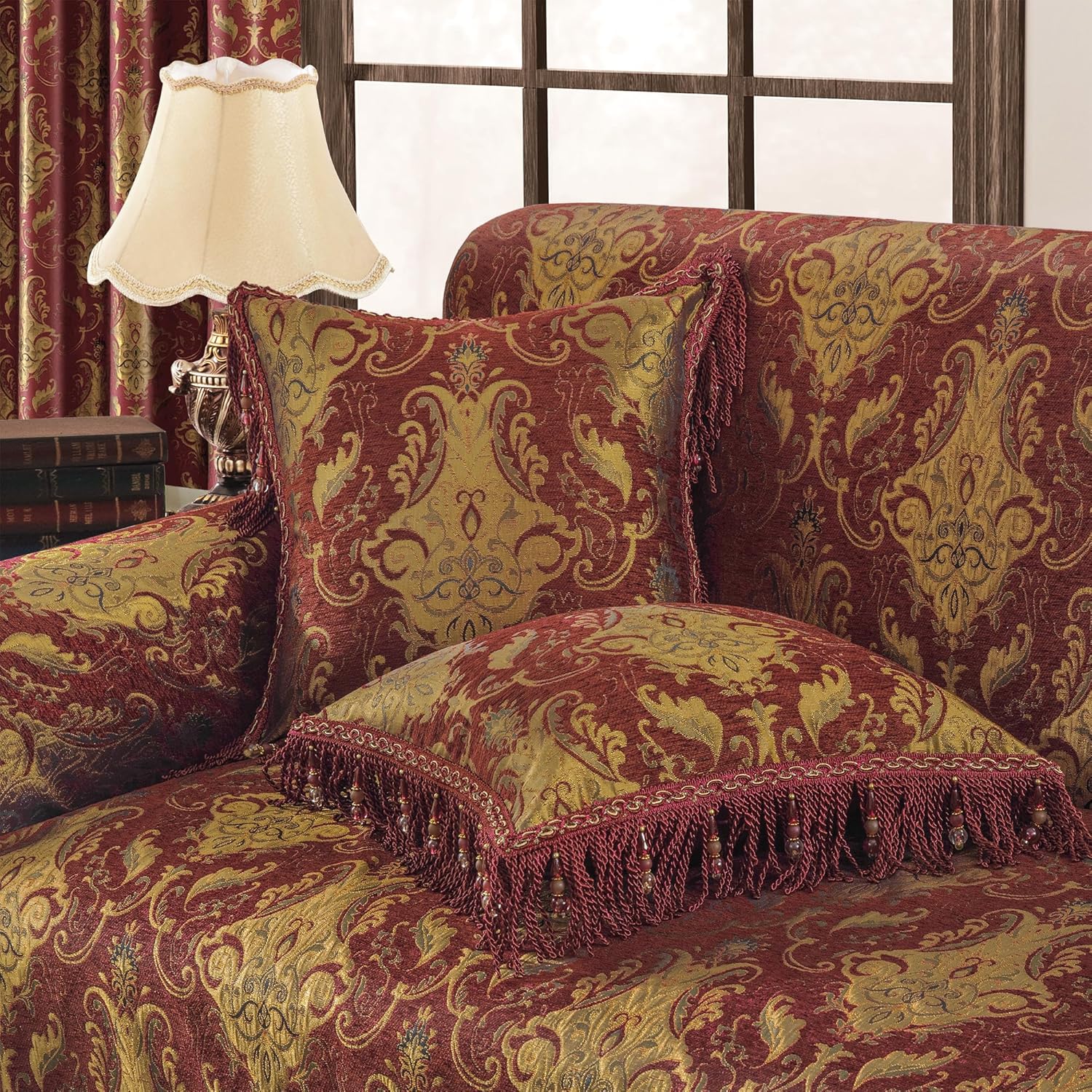 Loom and Mill Luxury Throw Pillow Cover 20 x 20 Inches 1 Piece, Jacquard Decorative Chenille Square Pillow Cover European Pillowcase with Lace Edge and Tassels for Bed Couch Sofa Car Home Decor, Red