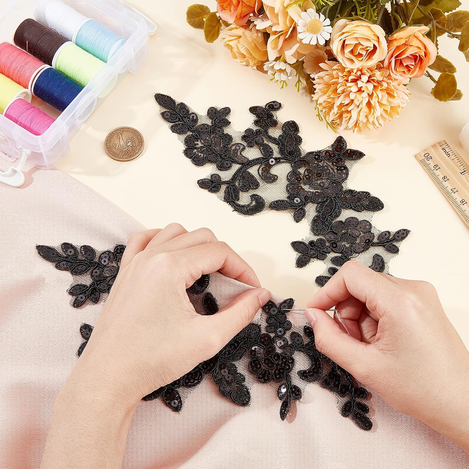 Pair of Embroidery Sequin Lace Applique, Flower Embroidered Sew on Patches | Leaf Vine Sew on Applique, Black Glitter Floral Patch, Collar Patches for DIY Sewing Crafts Clothes Bags Embellishments