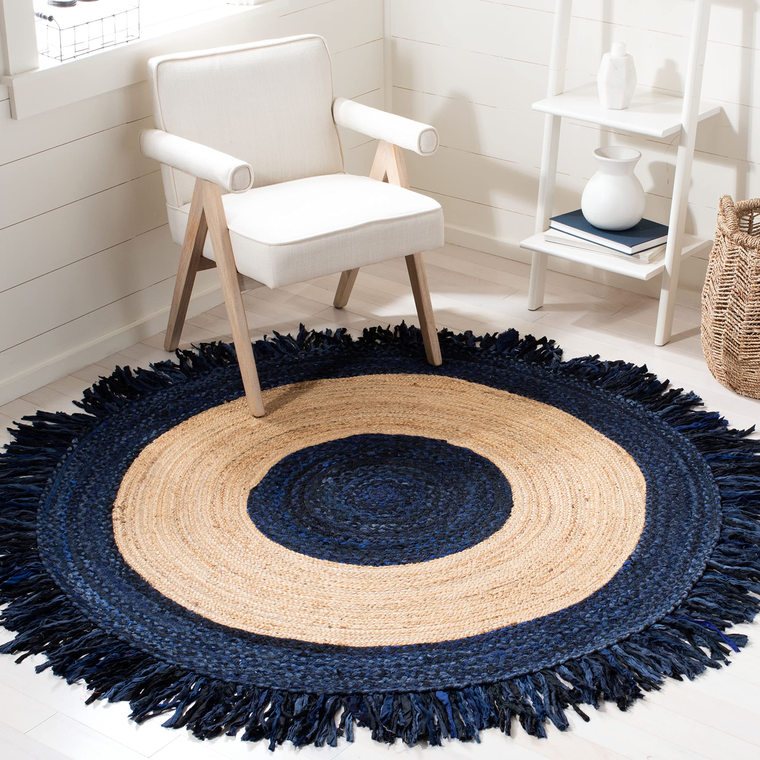 SAFAVIEH Cape Cod Collection 7' Round Navy/Natural CAP701N Handmade Boho Fringe Jute & Cotton Entryway Foyer Living Room Bedroom Kitchen Area Rug