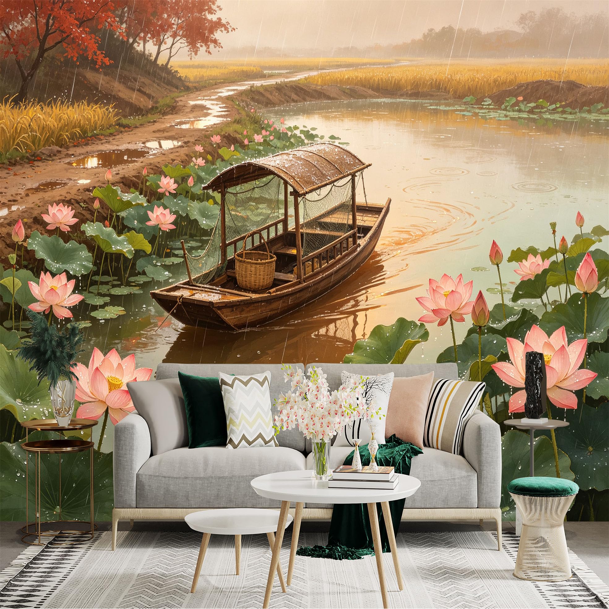 Custom Size Wall Sticker Mural， Wooden Boat on Misty Pond， Blooming Lotus Flowers in Rain， Rural Landscape， Peaceful Nature Scene， for wall Decoration， peelandstick wall Decals.