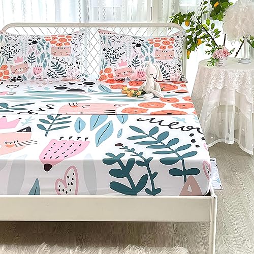 Miniatura 3 de CVHOUSE - Sábana bajera ajustable de gato, tamaño Queen, juego de sábanas de dibujos animados para niños y adolescentes, juego de ropa de cama