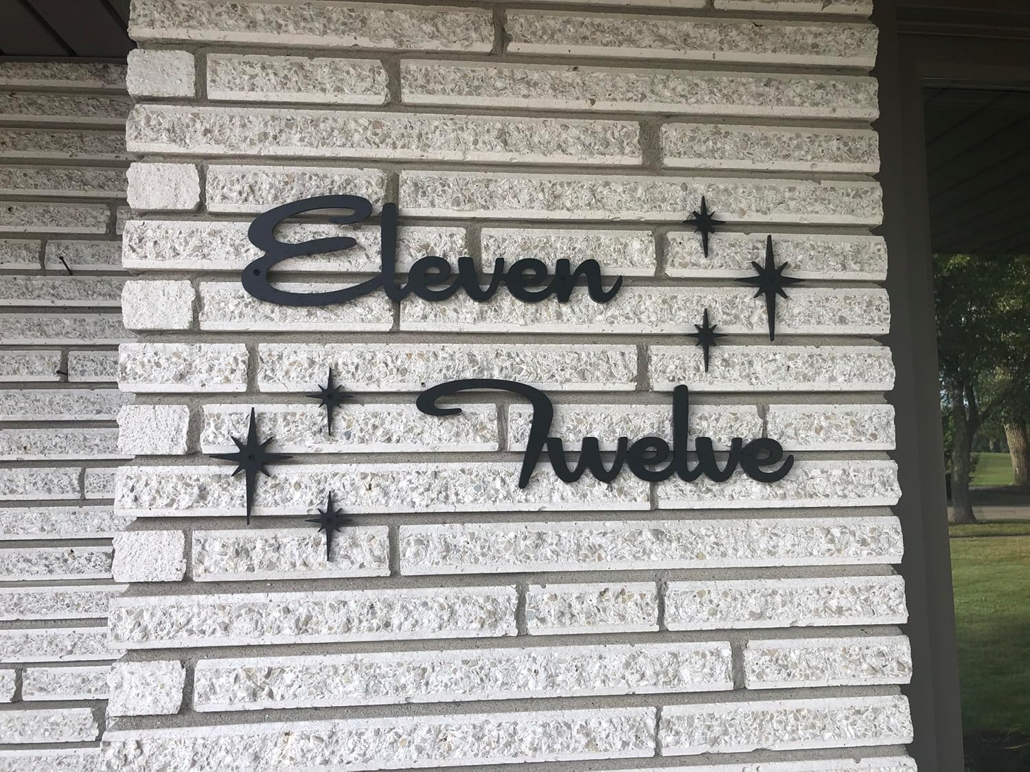 Mid Century Modern Cursive House Numbers, 5 inch black plastic MCM script address words with stainless steel screws included (Fourteen)