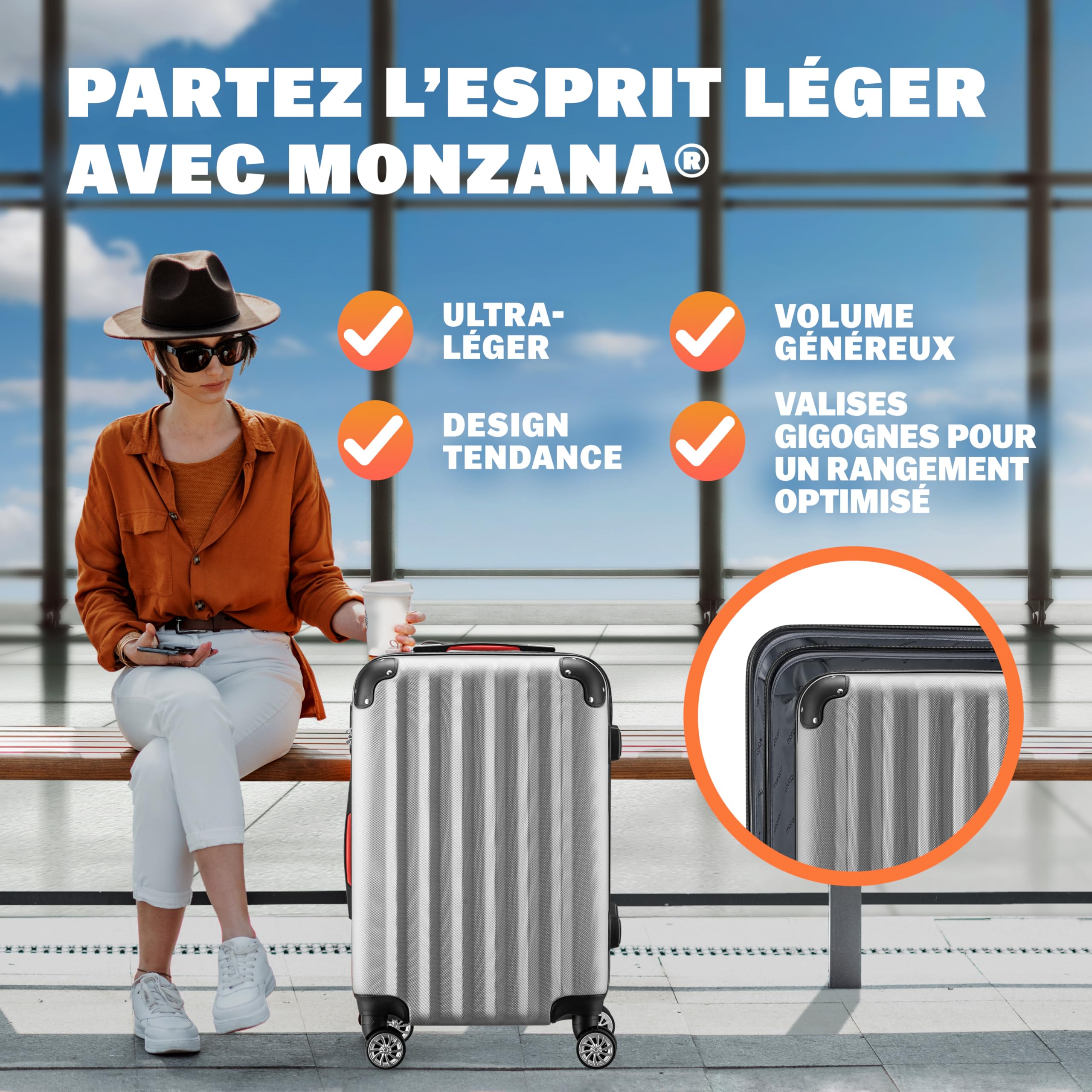 Monzana® Lot de 3 valises rigides Argent M/L/XL 4 Roues 360° Poignée télescopique Cadenas à Combinaison Valise à roulettes