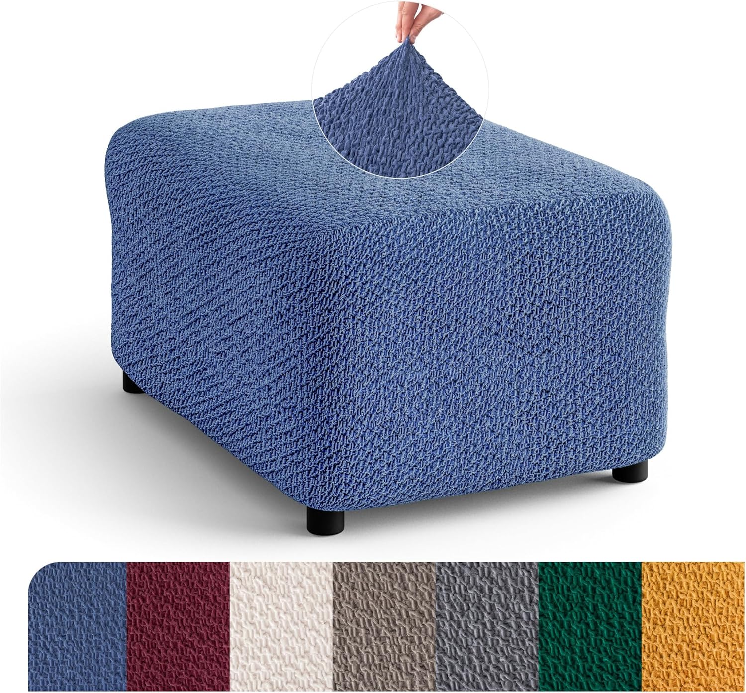 PAULATO BY GA.I.CO. Ottoman Cover Stool Cover Pouf Slipcover - Soft Polyester Fabric Slipcover - 1-Piece Form Fit Stretch Furniture Protector - Velvet Collection - Blue (Ottoman)