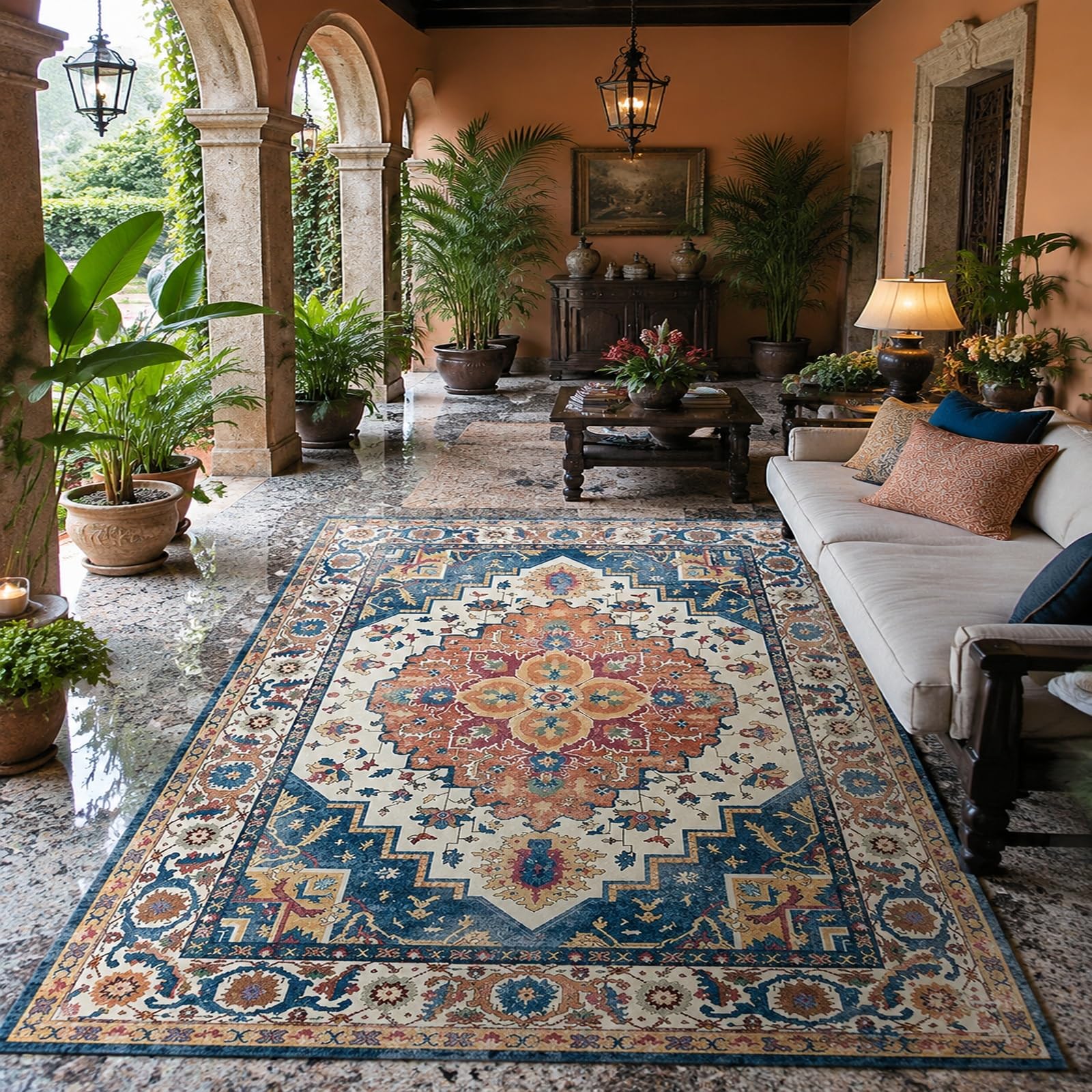 Tapis blanc oriental 200x300 cm résistant pour grand salon familial