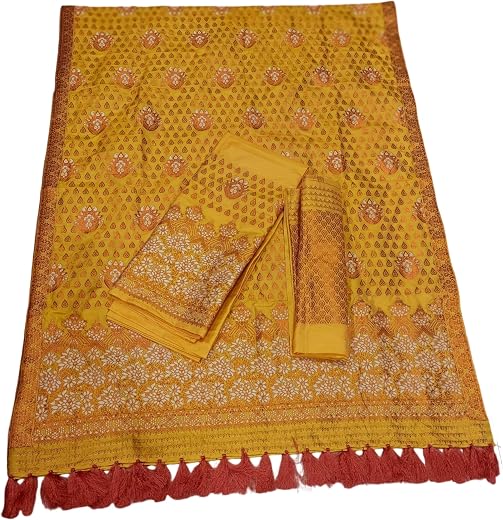 AB ASSAMESE ETHNIC Women's Soft Silk Material pure handloom Mekhela Chador Saree full stich set (muga brown) (Pink)