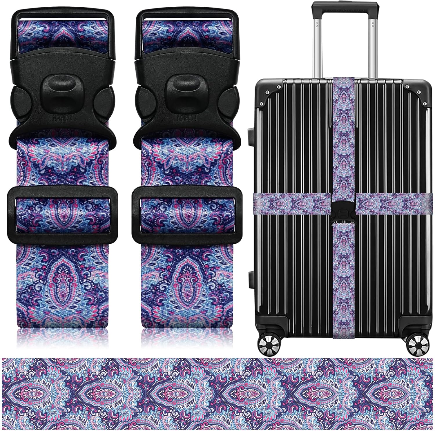 Luggage Straps for Suitcases, Travel Adjustable Belt with Quick Release Buckle, Heavy Duty Nylon Bag Packing Strap, Unique Bright Identifiers Business Travel Accessories (2 Pack) - Purple Print