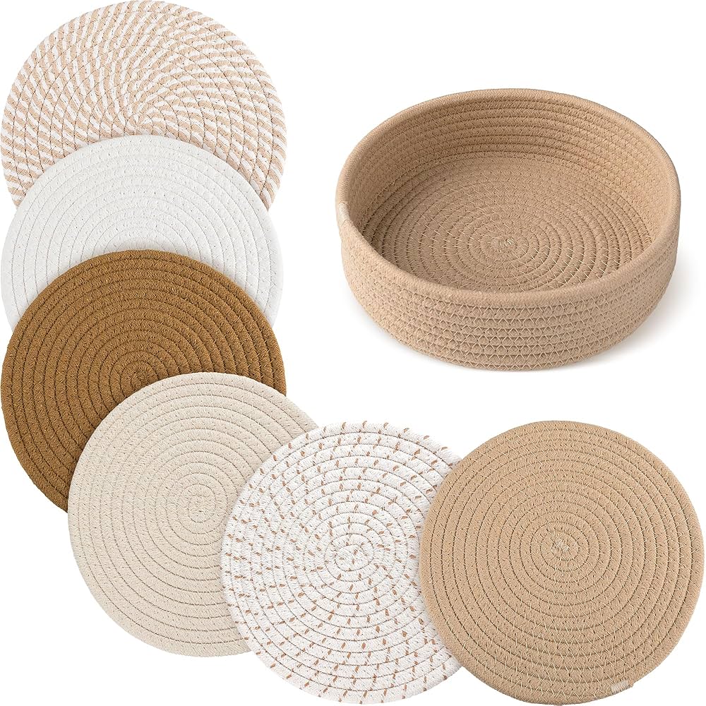 8" Trivets for Hot Dishes, Hot pots and Pans,6 Heat Resistant Hot Pads and Storage Basket 1 Pack,Pot Holders for Kitchen, Hot Plate Mats for Kitchen Countertops