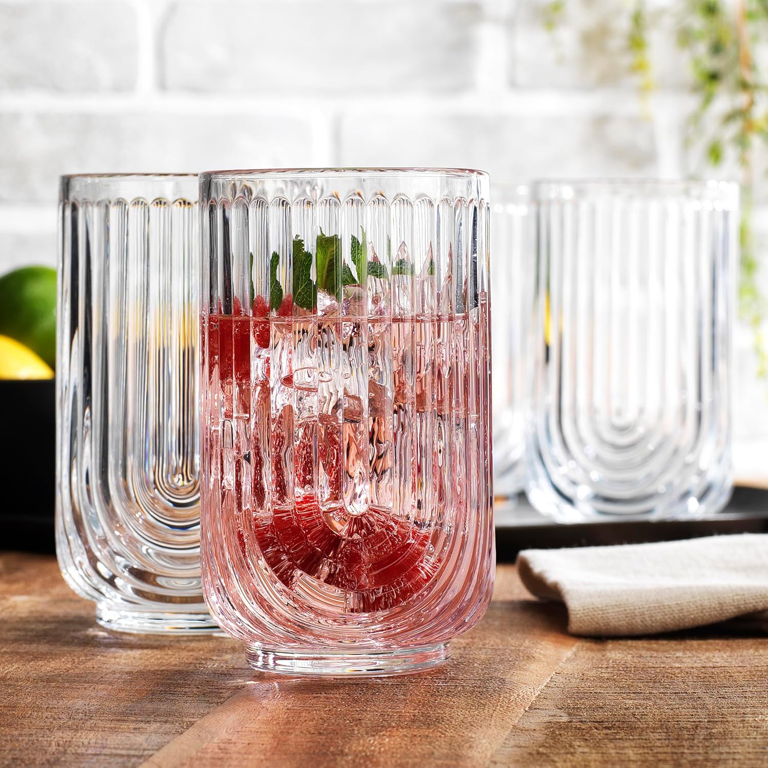 Glaver's Vintage Glassware Art Deco Glasse Ribbed Drinking Glasses U-Shape Arch Design Colored Cocktail Kitchen Tumblers Everyday Dinner Decorative Party (Clear S/4 17oz) - Image 2