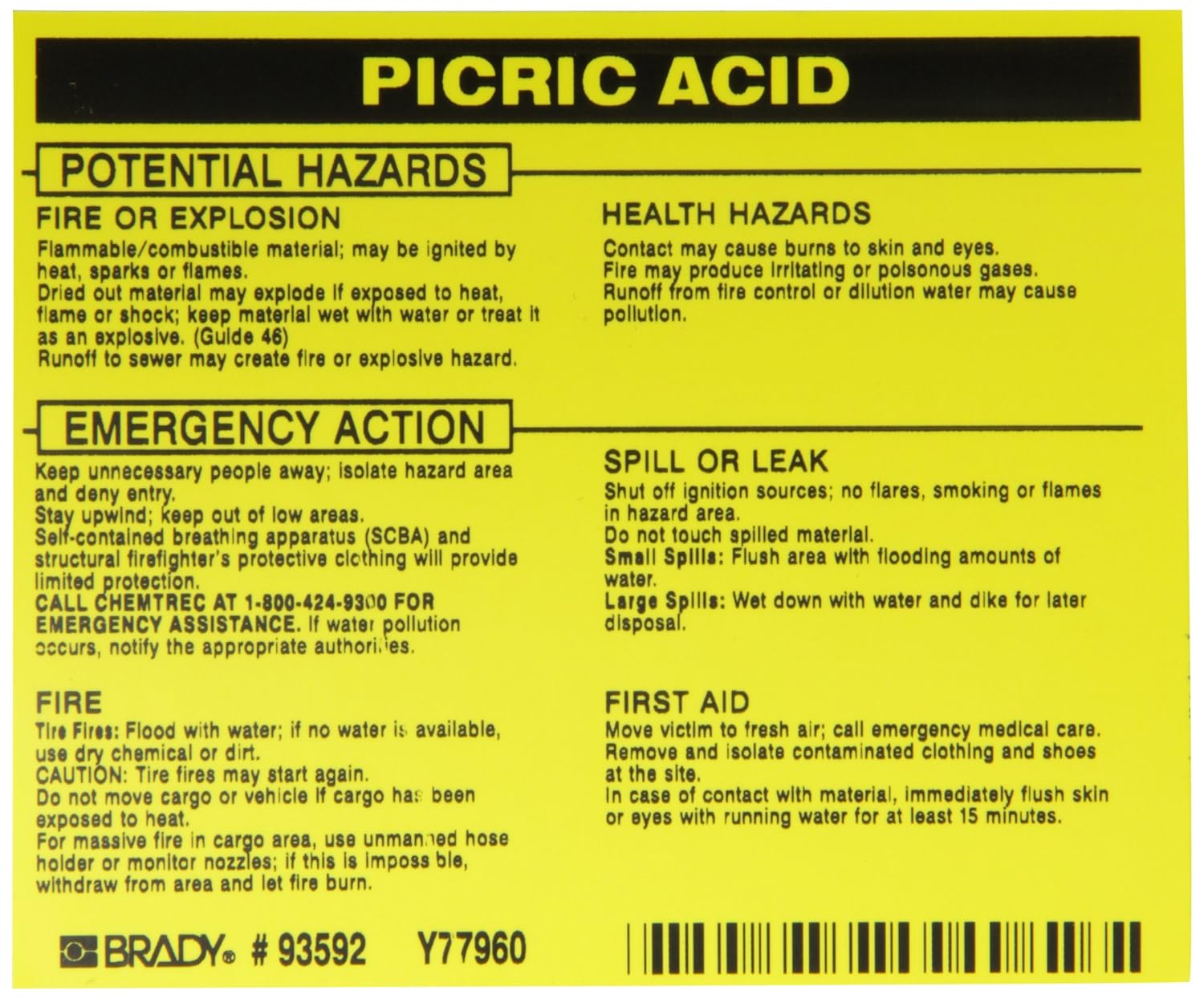 Brady 93592 Vinyl Hazardous Material Label , Black On Yellow, 3 3/4" Height x 4 1/2" Width, Legend "Picric Acid" (25 Labels per Package)