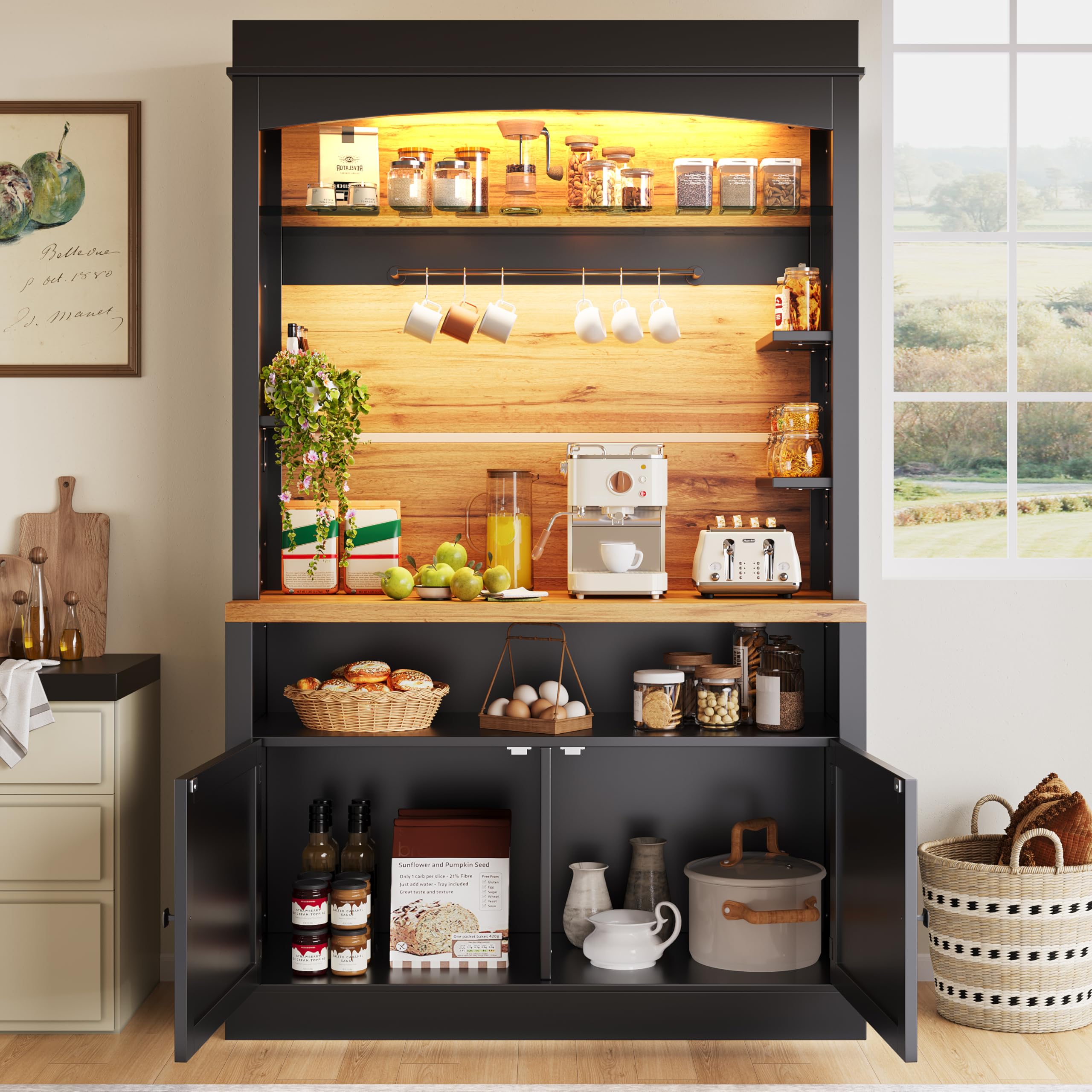 Kebnor Mobile da cucina, mobile da cucina alto (107x43x184 cm), vetrina, credenza, credenza con illuminazione a LED, ripiano aperto, nero