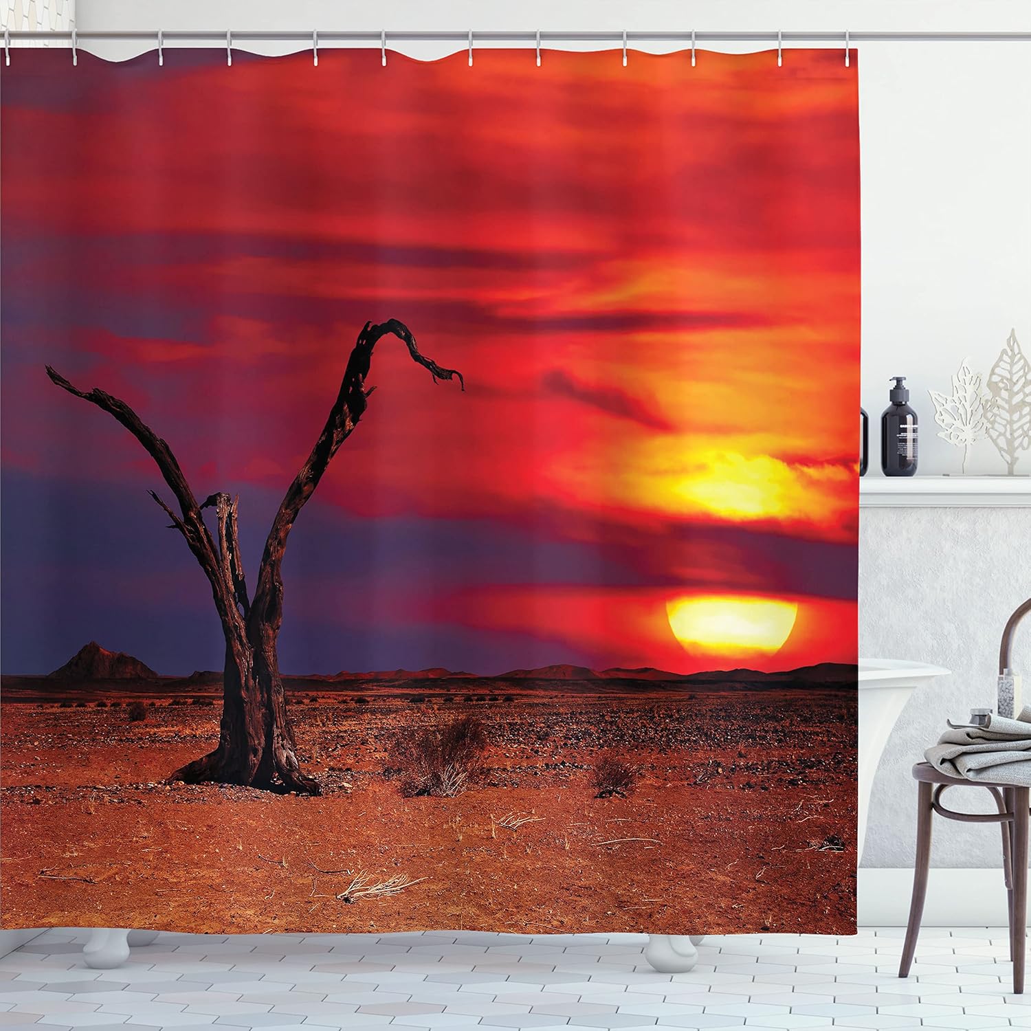 Ambesonne Desert Shower Curtain, Desert View with Dead Tree at Sunset Warming Colors Sky Twilight Fantasy Scene, Cloth Fabric Bathroom Decor Set with Hooks, 69" W x 70" L, Red Amber Brown