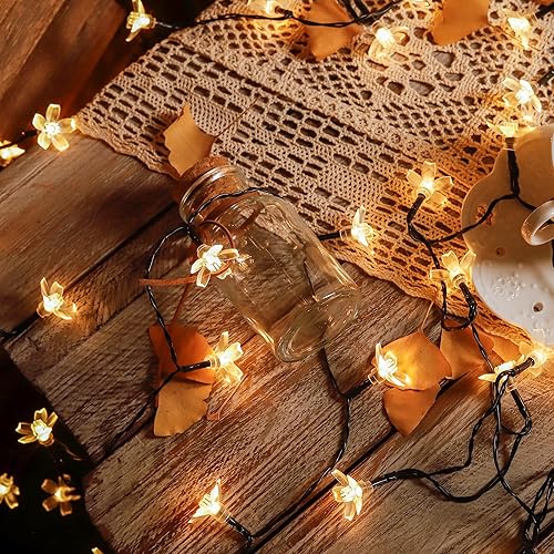 Miniatura 5 de HEYFUNi Paquete de 2 tiras de luces solares de flores, 50 LED de 21 pies, impermeables, 8 modos de luces de cerezo blanco cálido para árbol, patio,