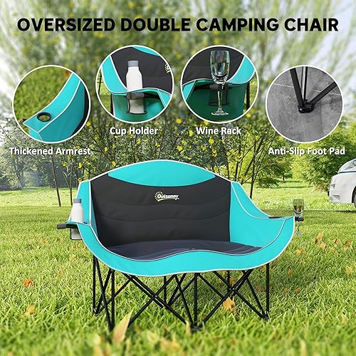 Miniatura 4 de Outsunny Double Camping Chair for Adults, Padded Folding Camp Chair for 2 Person with Armrest, Wine Glass Holder, Cup Holder, Carry Bag for Outdoor