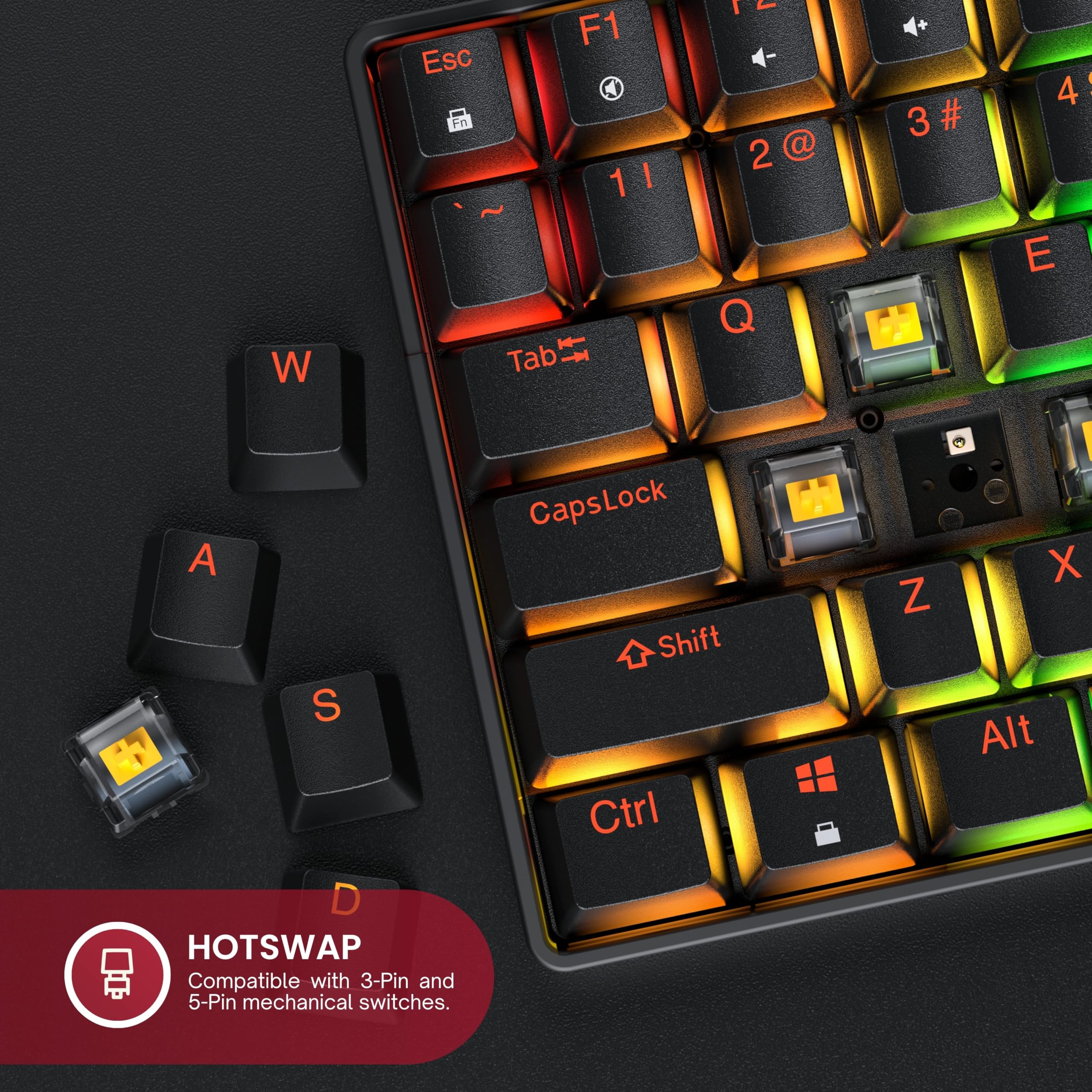 HK GAMING GK75 75% v3 | Tastiera meccanica da gioco hotswap | 84 tasti multicolore RGB retroilluminata a LED per PC/Mac Gamer | layout USA (nero, rosso meccanico)