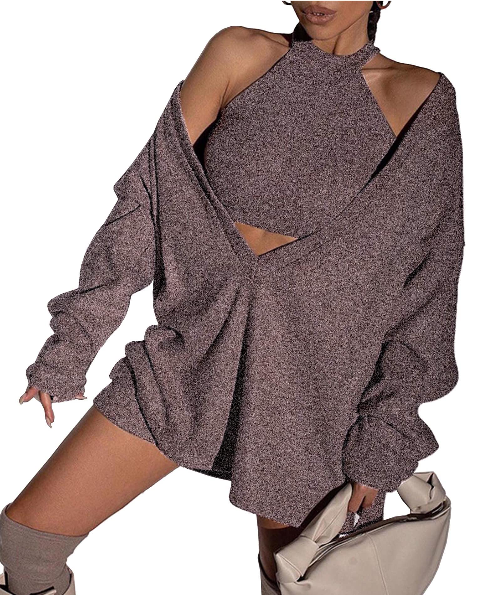 ECDAHICC Womens Two Piece Outfits Knitted Halter Neck Crop Tank Tops and Oversized Off Shoulder Deep V Neck
