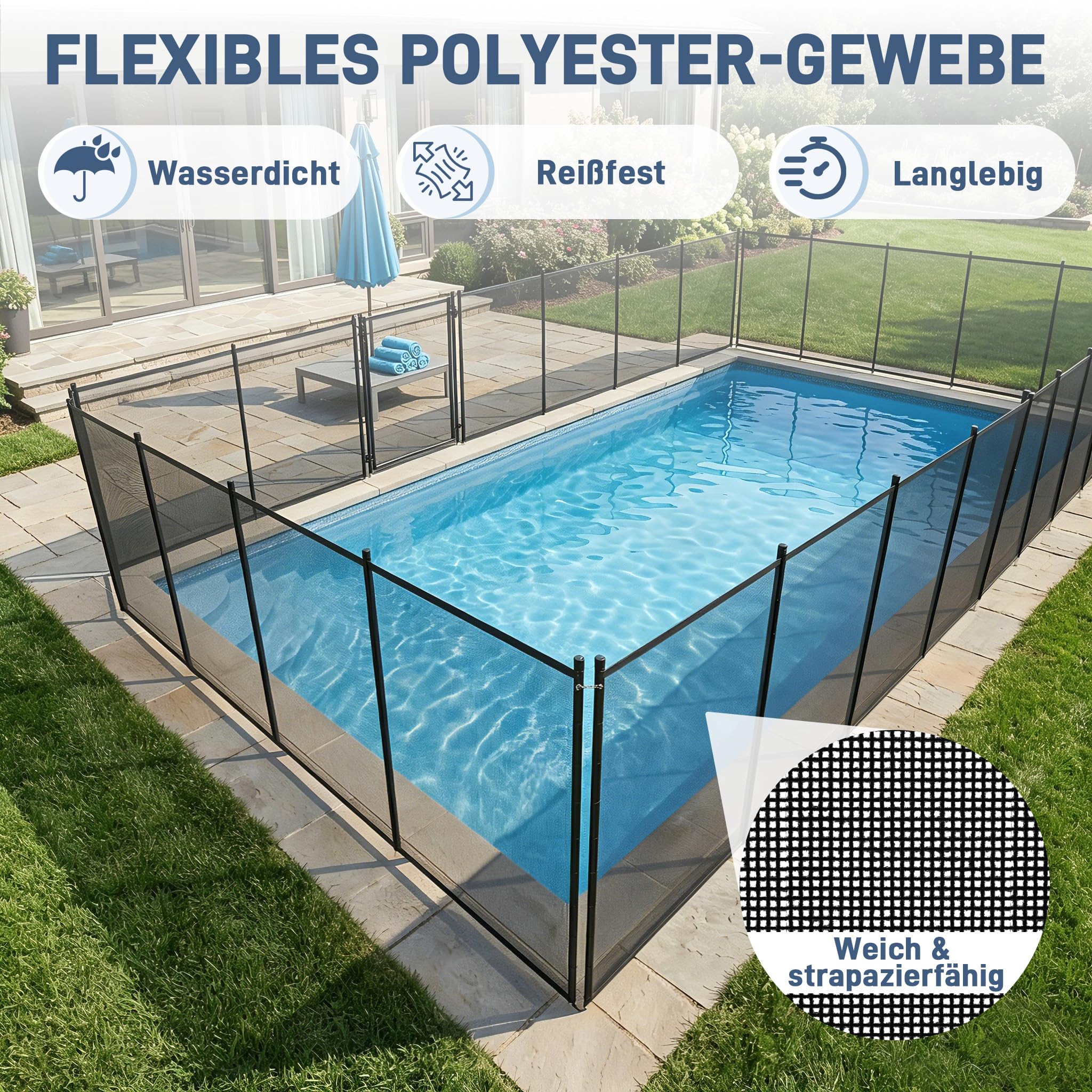 LZQ Poolzaun Kinder Sicherheitszaun Pool Schutzzaun Abnehmbar Gartenzaun Poolschutz Schwimmbadzaun Teichzaun Sichtschutz Zaun Outdoor mit Aluminiumrahmen Poolzaunnetz für Garten Terrasse, 724x136cm