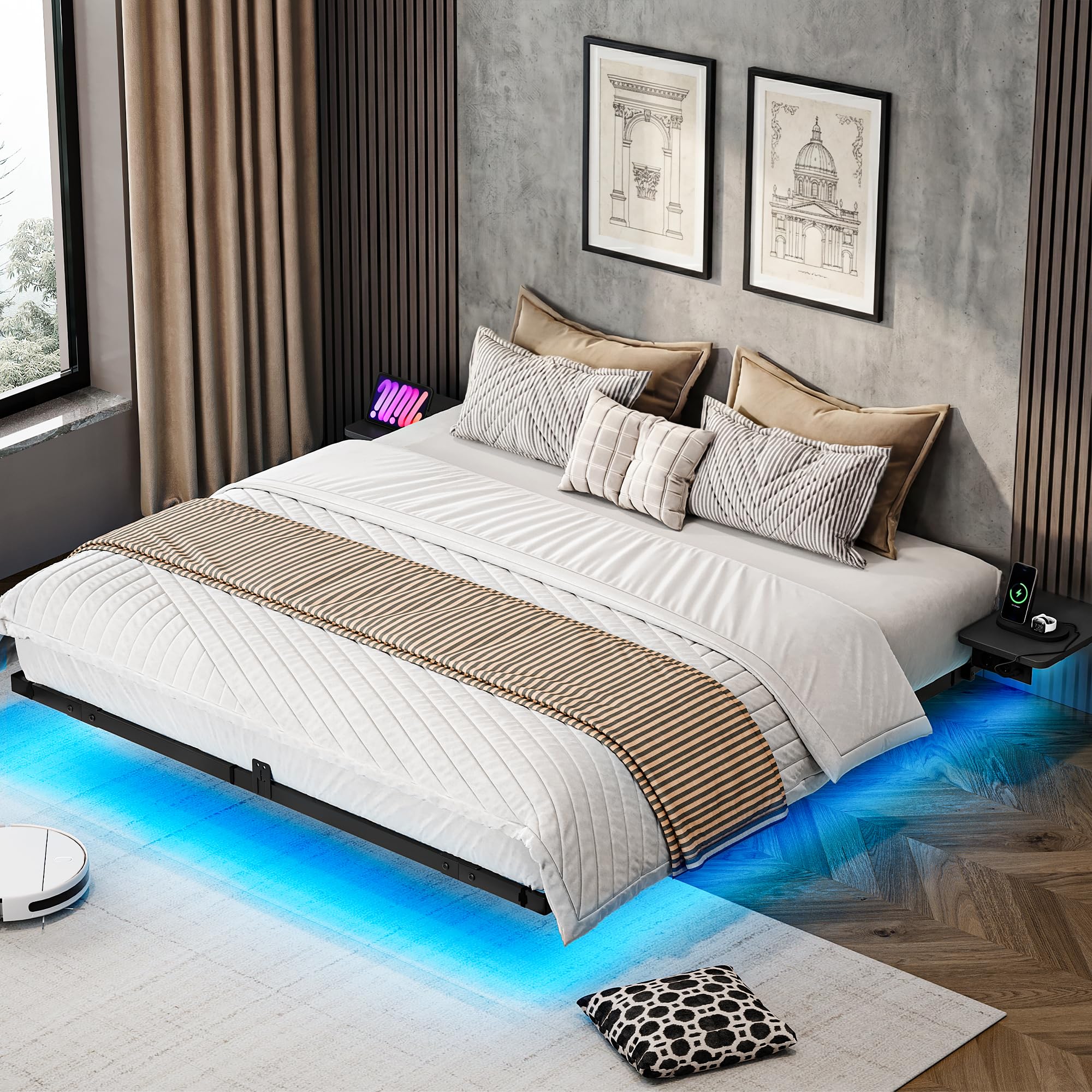 YITAHOME Estructura de Cama con iluminación LED, estación de Carga USB, Interfaz Tipo C, diseño Flotante, Marco de Metal, Funda de Tela sin colchón, 140 x 200 cm