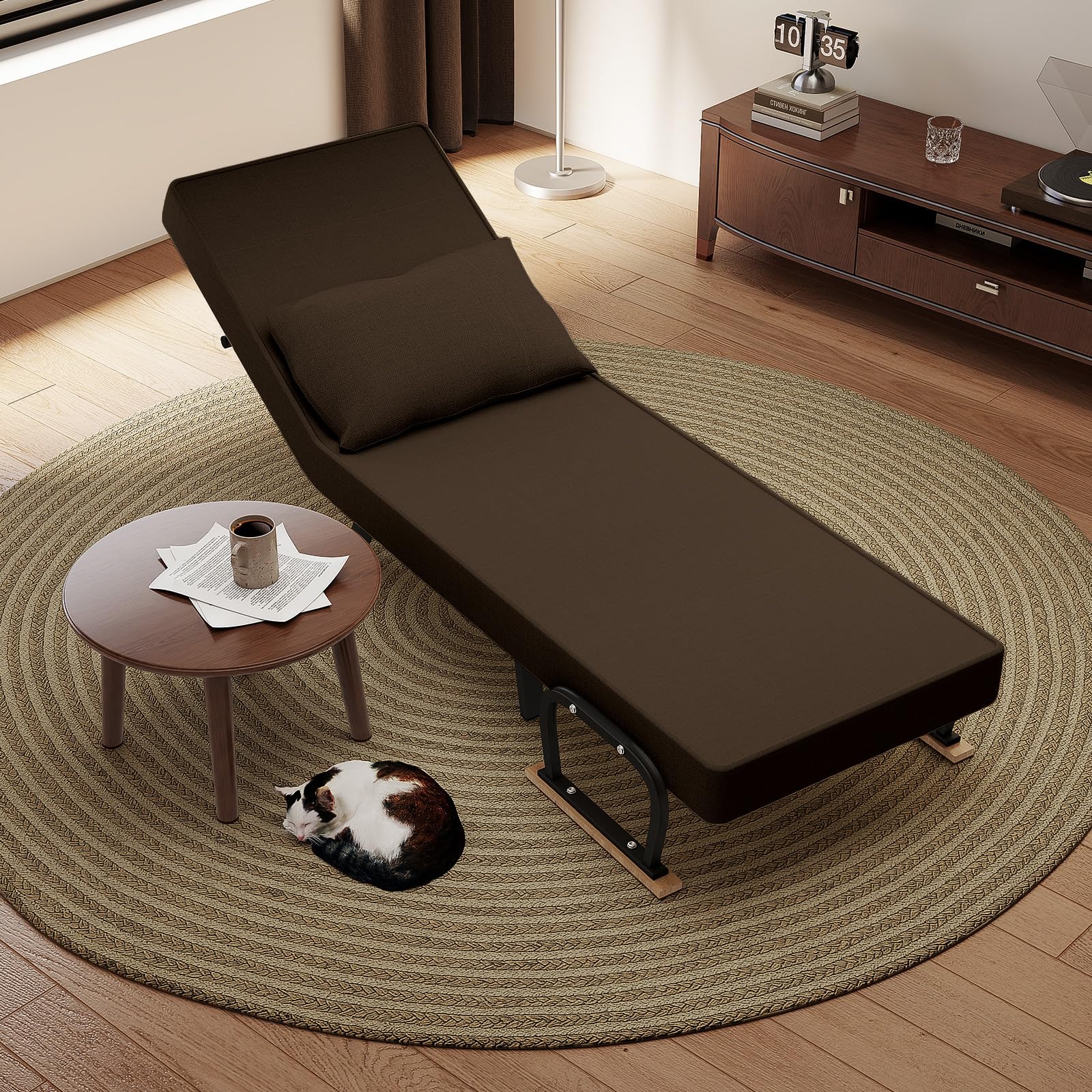 Fabulcozy Divano letto convertibile 3 in 1, poltrona regolabile 5 posizioni, fodera rimovibile in lino cotone, cuscino spesso, gambe in metallo trapezio inclinato, braccioli in legno e metallo, per