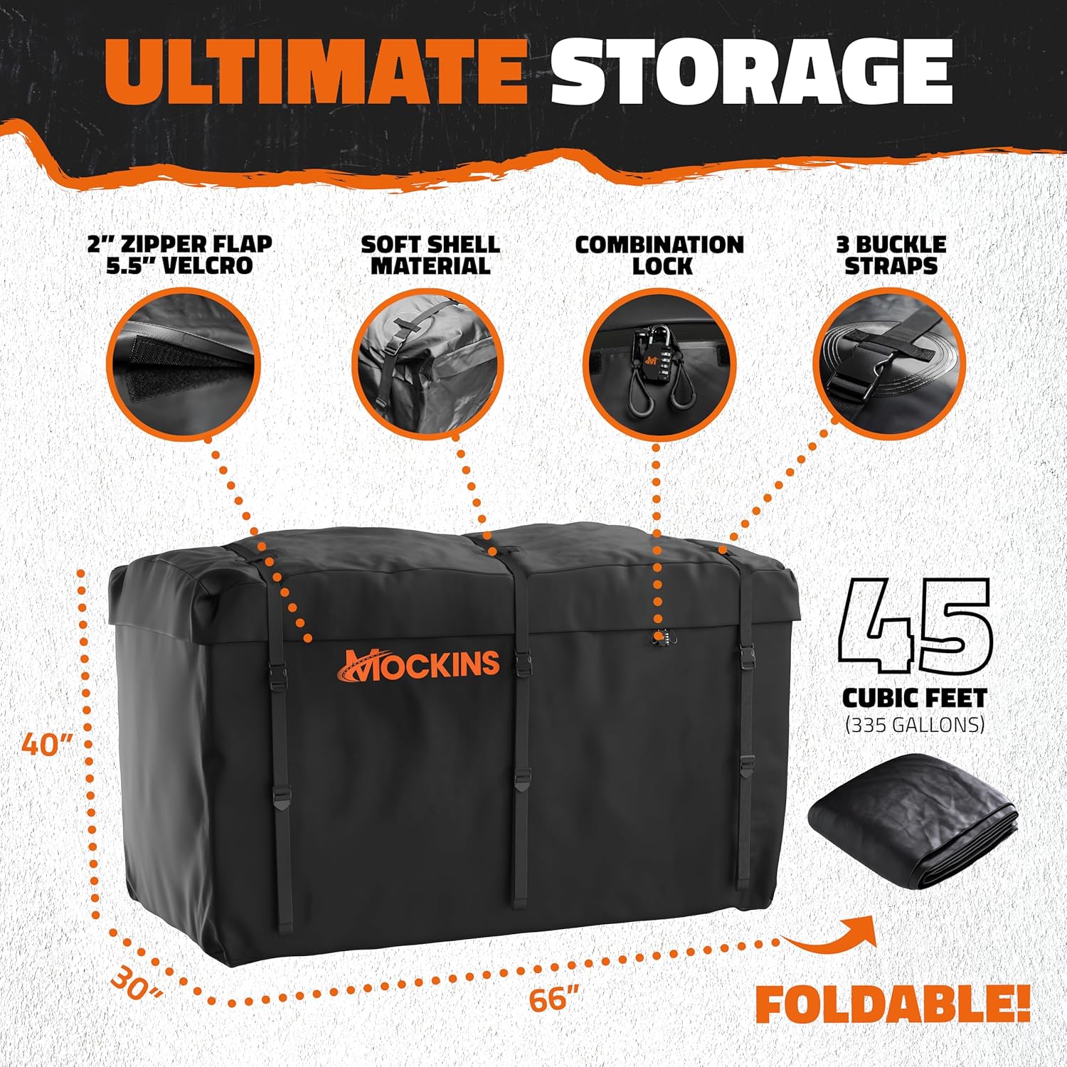 Mockins 66"x30"x14" XL High Rail Trailer Hitch Cargo Carrier w/ 45 CuFt Waterproof Cargo Bag for Hitch Carrier | 500 Lbs Cap Folding Luggage Rack for SUV Car Truck w/Rear Lights, Plate Bracket & More