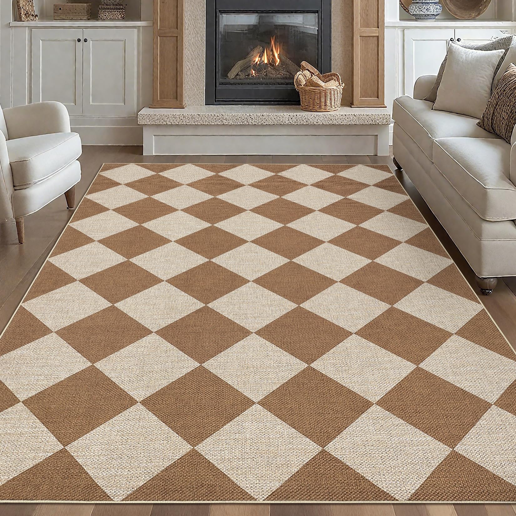 GarveeHome 9x12 Checkered Easy Jute Rugs for Bedroom Machine Washable Large Rugs Non-Slip Backing Modern Neutral Stain Resistance Carpets for