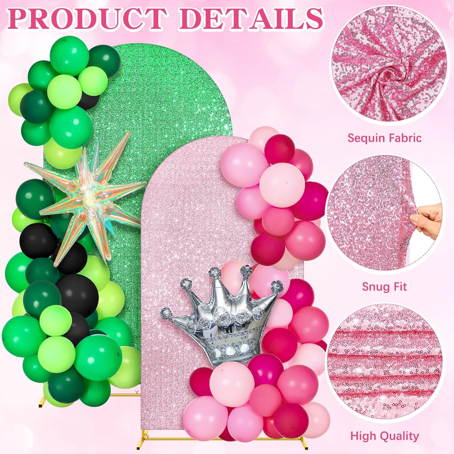 Sequin Green and Pink Arch Backdrop Cover Set of 2 Witch Themed Party Decorations Backdrop Stand Cover 6ft, 7.2ft for Witch and Princess Musical Theatre Birthday Party Supplies