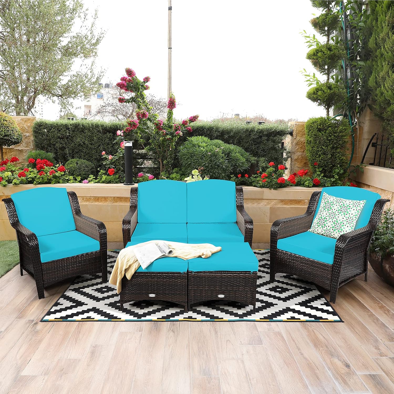 Tangkula 5 Pieces Patio Furniture Set, Outdoor Rattan Conversation Sofa Set with Loveseat, Single Sofas and Ottoman, Sectional Sofa Set with Removable Cushions for Porch, Backyard, Balcony, Lawn