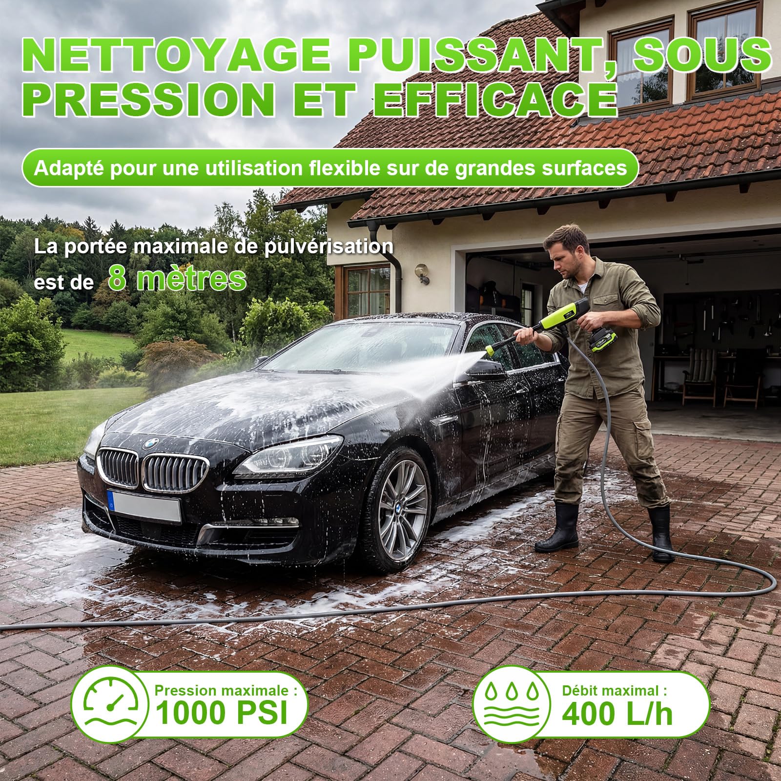 VOERJIA Nettoyeur Haute Pression sans Fil 21V - 1000 PSI Pistolet de Lavage Portable avec 2 Batteries 4.0Ah (Indicateur LED), Buse 6-en-1 pour Voiture, Vélo, Terrasse, Fenêtre et Jardin