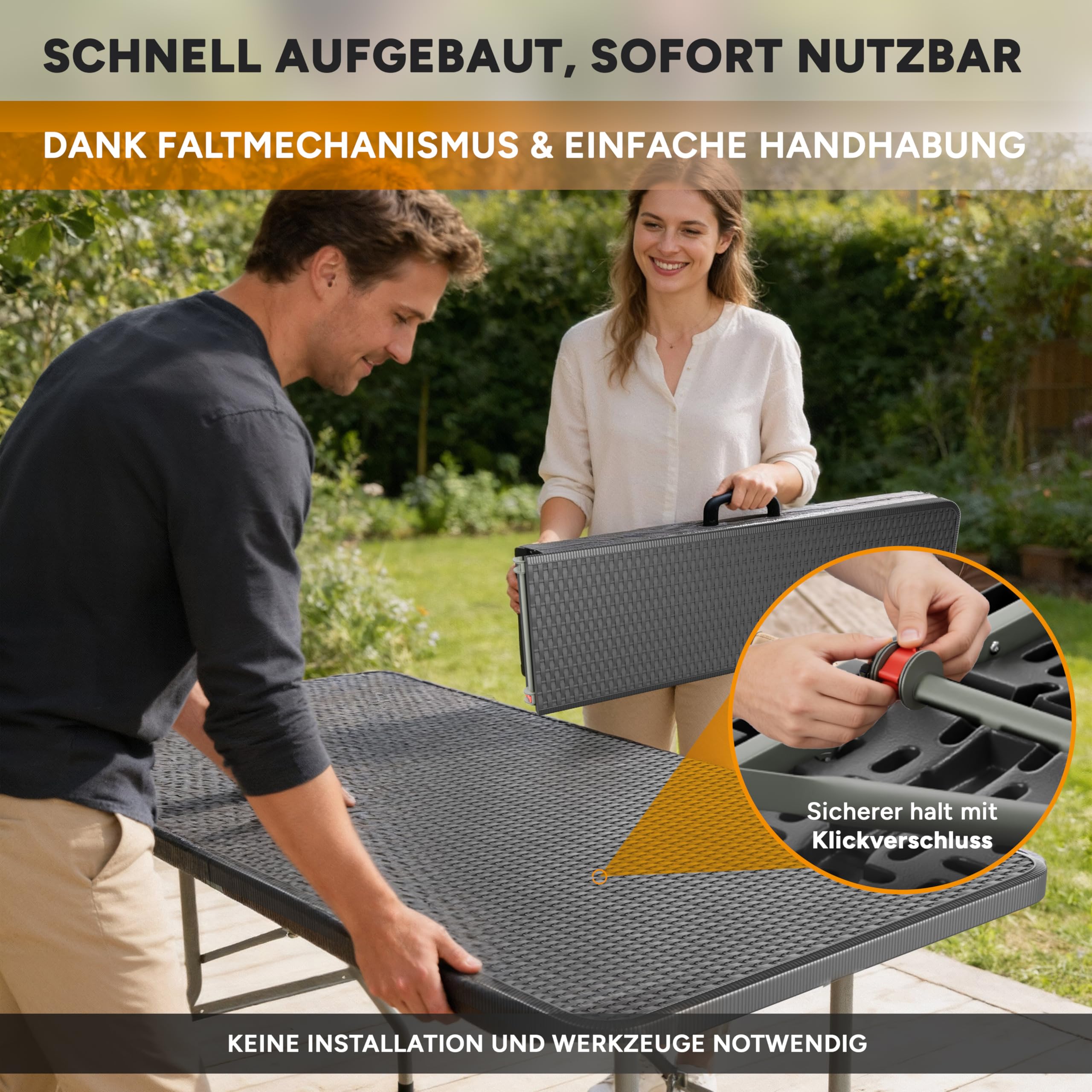 Bierzeltgarnitur Klappbar 3-teilig – Kunststoff Biertischgarnitur Tisch & 2 Bänke – Campingtisch, Festzeltgarnitur, Rattan-Optik, Wetterfest, Tragegriff, 500 kg je Bank