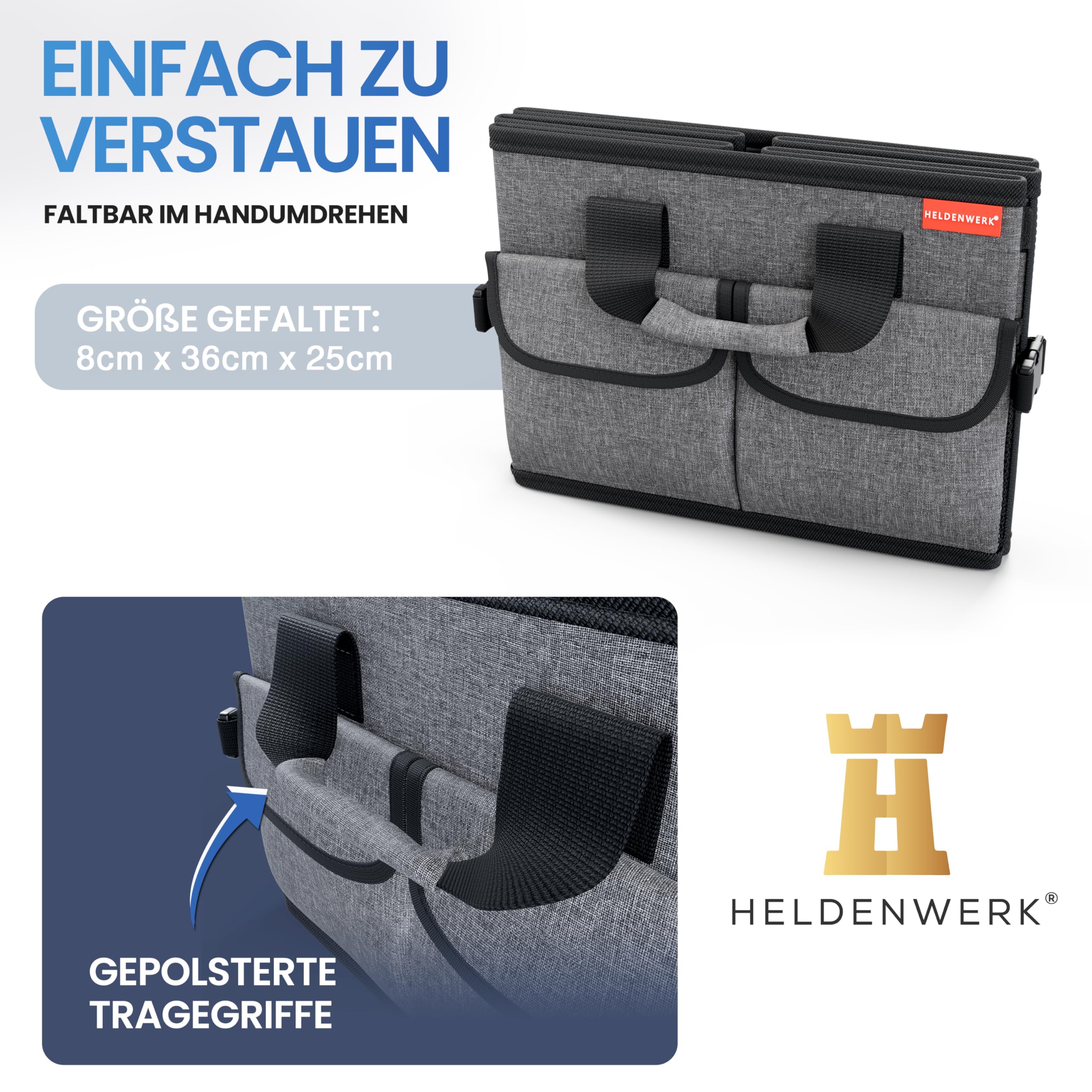 HELDENWERK Organizador de maletero de con tapa, estable y antideslizante, plegable para maletero de coche, grande, con estantes dobles, caja organizadora para maletero