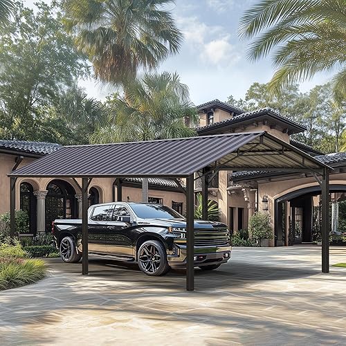 Miniatura 9 de PHI VILLA Cochera metálica de 10 x 20 pies con techo de acero galvanizado, cochera de metal resistente resistente para automóviles, barcos y